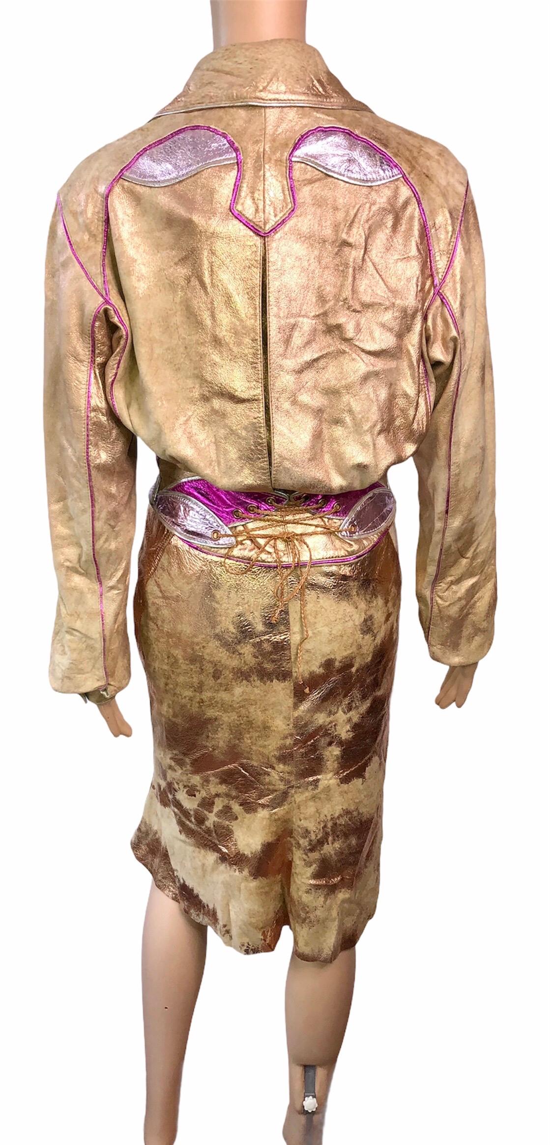 Roberto Cavalli - Ensemble 2 pièces veste, manteau et jupe en cuir métallisé, issue d'un défilé printemps-été 2002 en vente 4