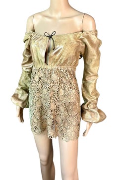 Roberto Cavalli S/S 2002 Runway Metallic Leather Off Shoulder Eyelet Mini Dress