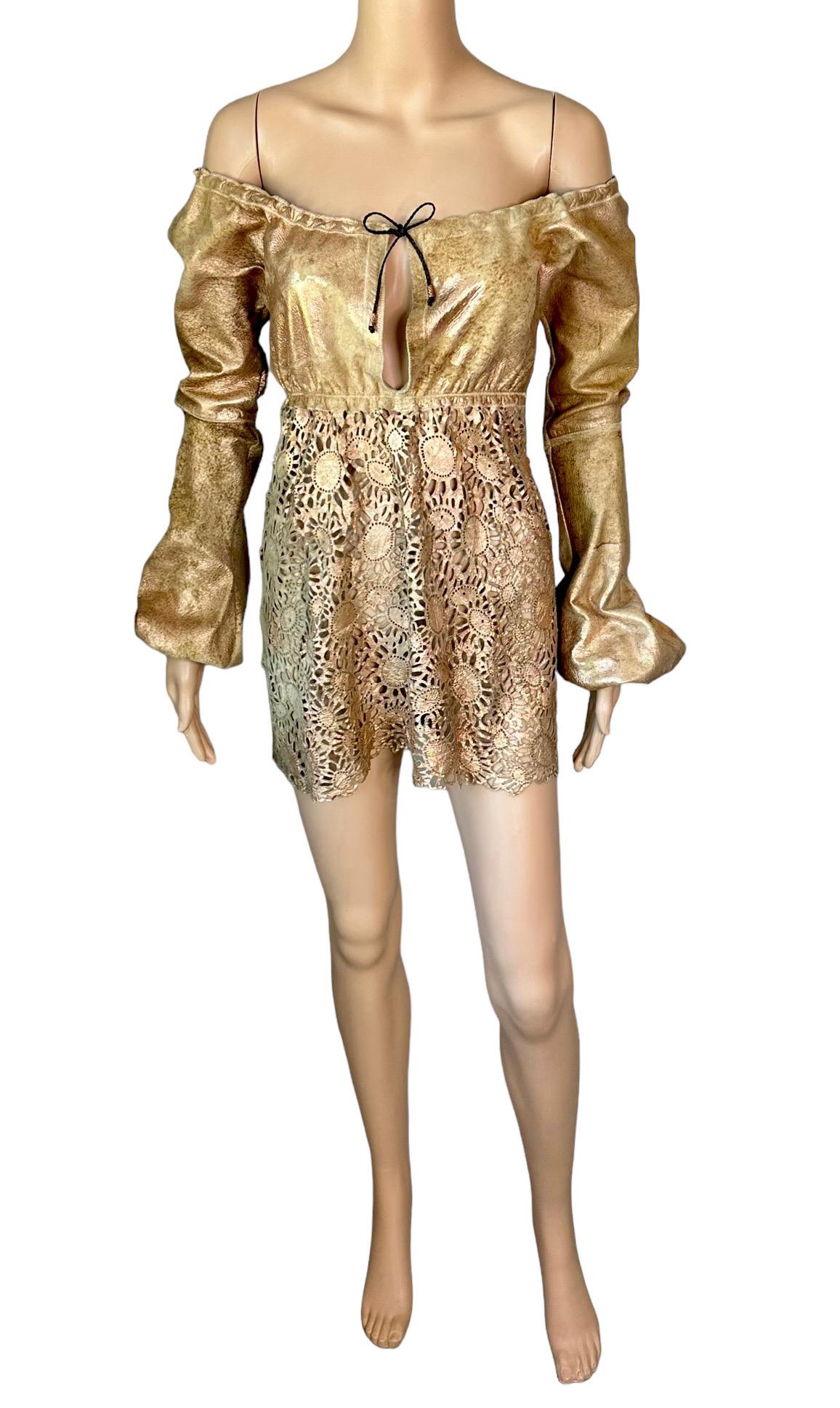 Roberto Cavalli S/S 2002 Runway Metallic Leather Off Shoulder Eyelet Mini Dress In Good Condition For Sale In Naples, FL