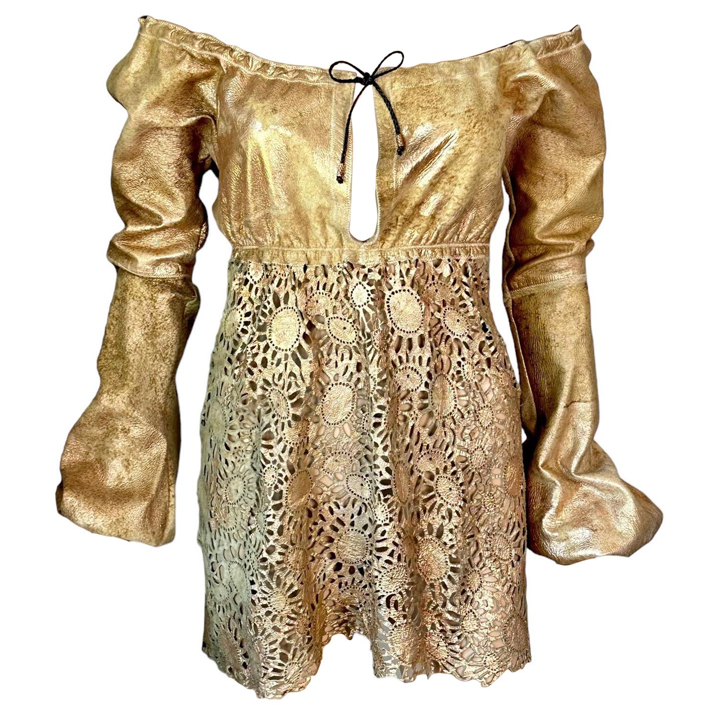 Roberto Cavalli S/S 2002 Runway Metallic Leather Off Shoulder Eyelet Mini Dress For Sale