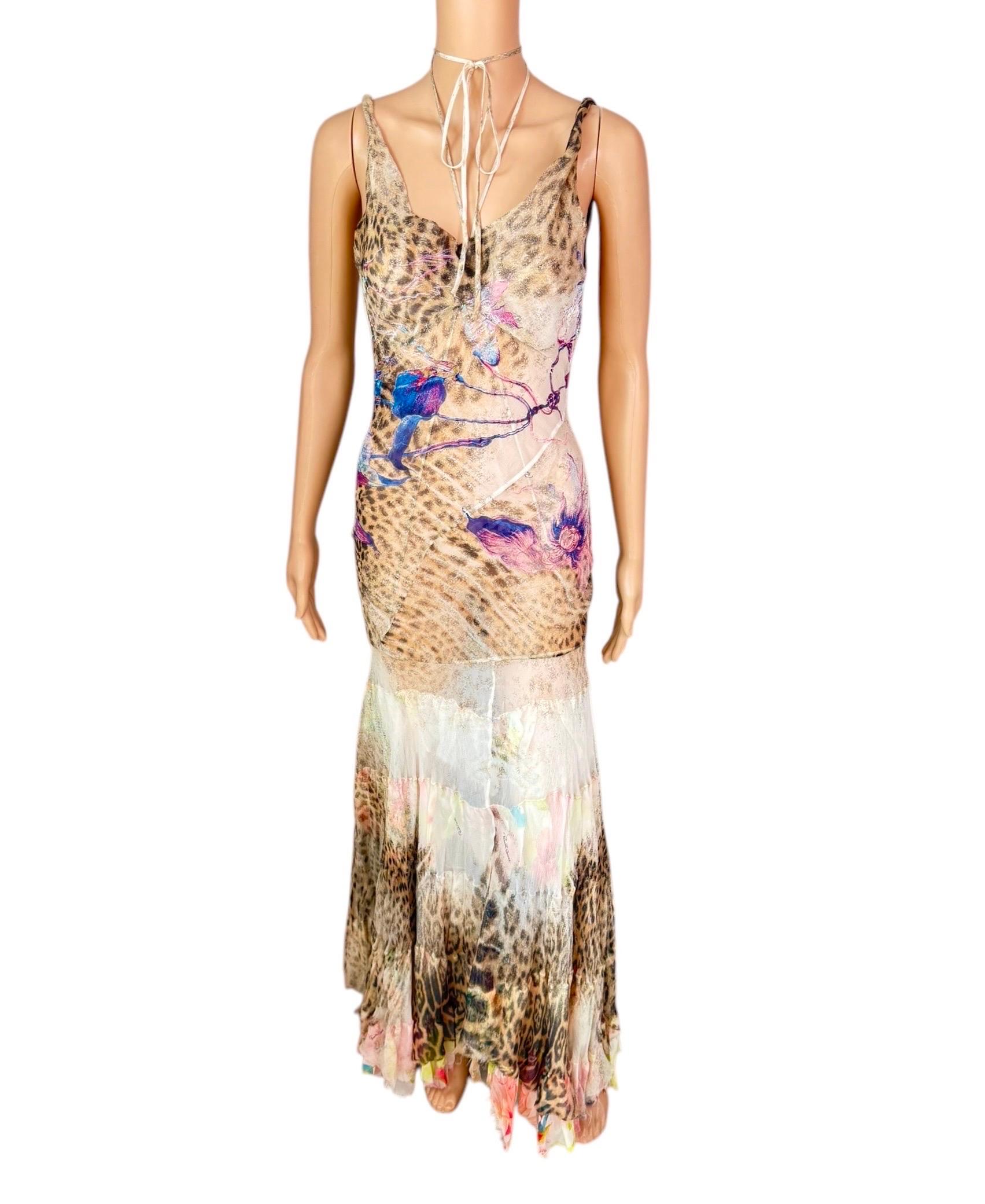 Roberto Cavalli S/S 2002 Runway Sheer Silk Animal Floral Print Evening Dress For Sale 5