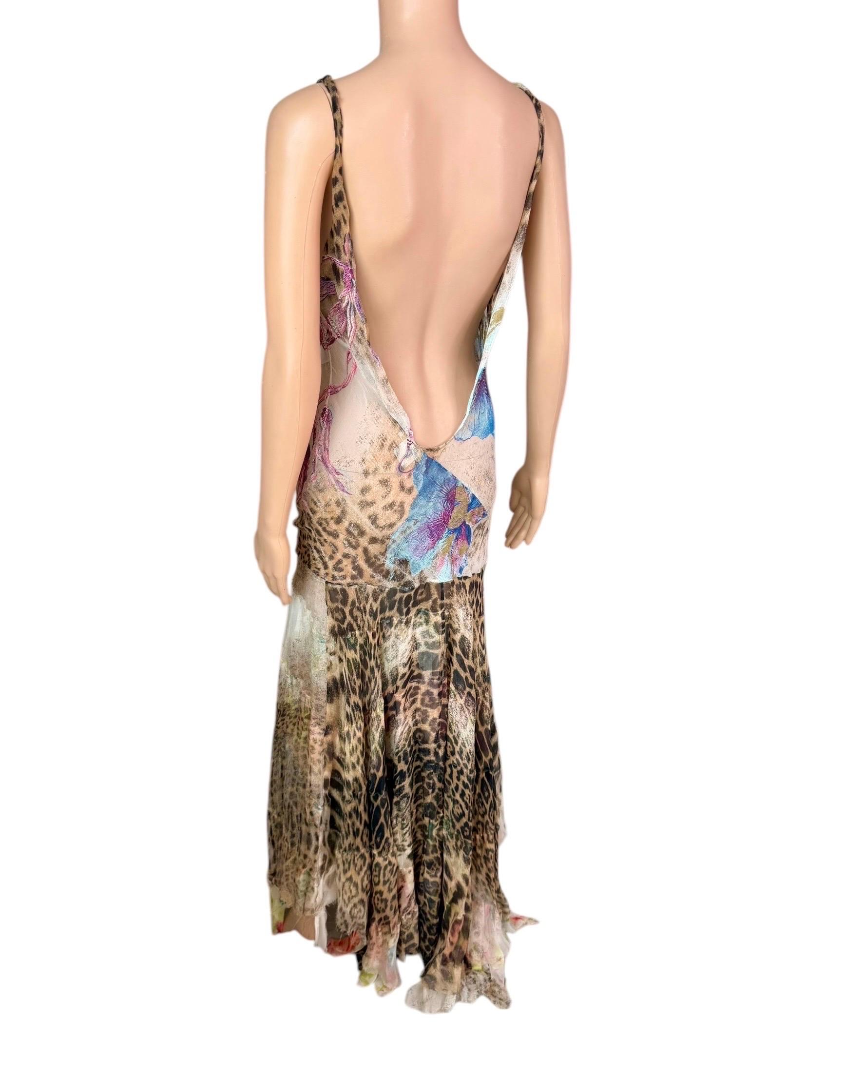 Roberto Cavalli S/S 2002 Runway Sheer Silk Animal Floral Print Evening Dress For Sale 10