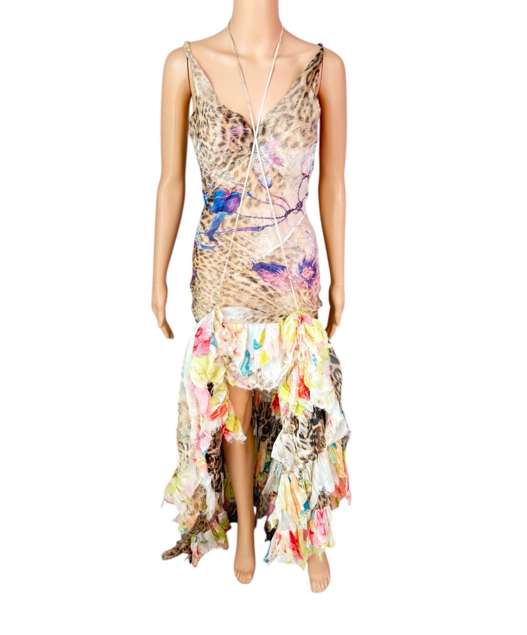 Roberto Cavalli S/S 2002 Runway Sheer Silk Animal Floral Print Evening Dress For Sale 12