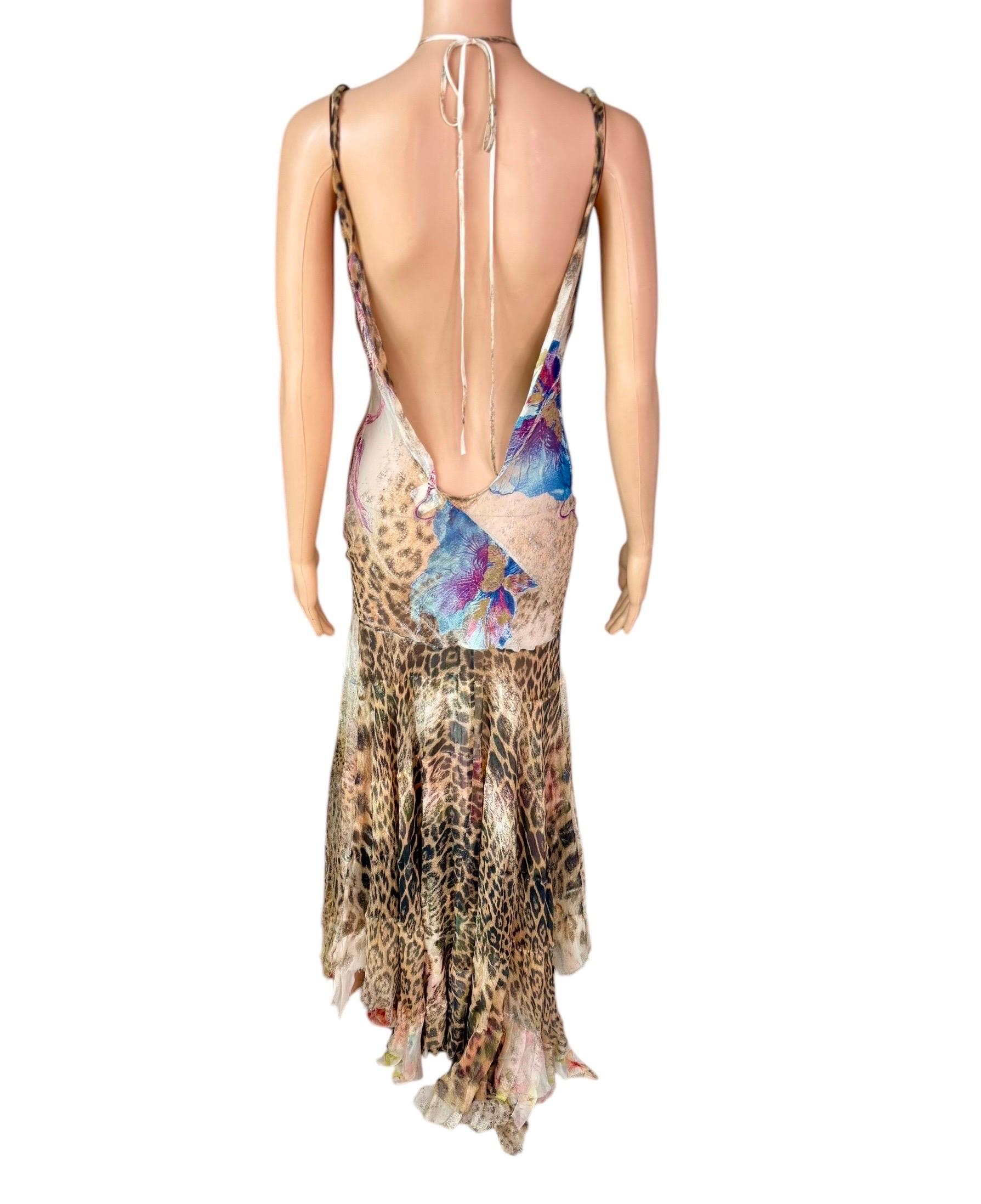 Beige Roberto Cavalli S/S 2002 Runway Sheer Silk Animal Floral Print Evening Dress For Sale