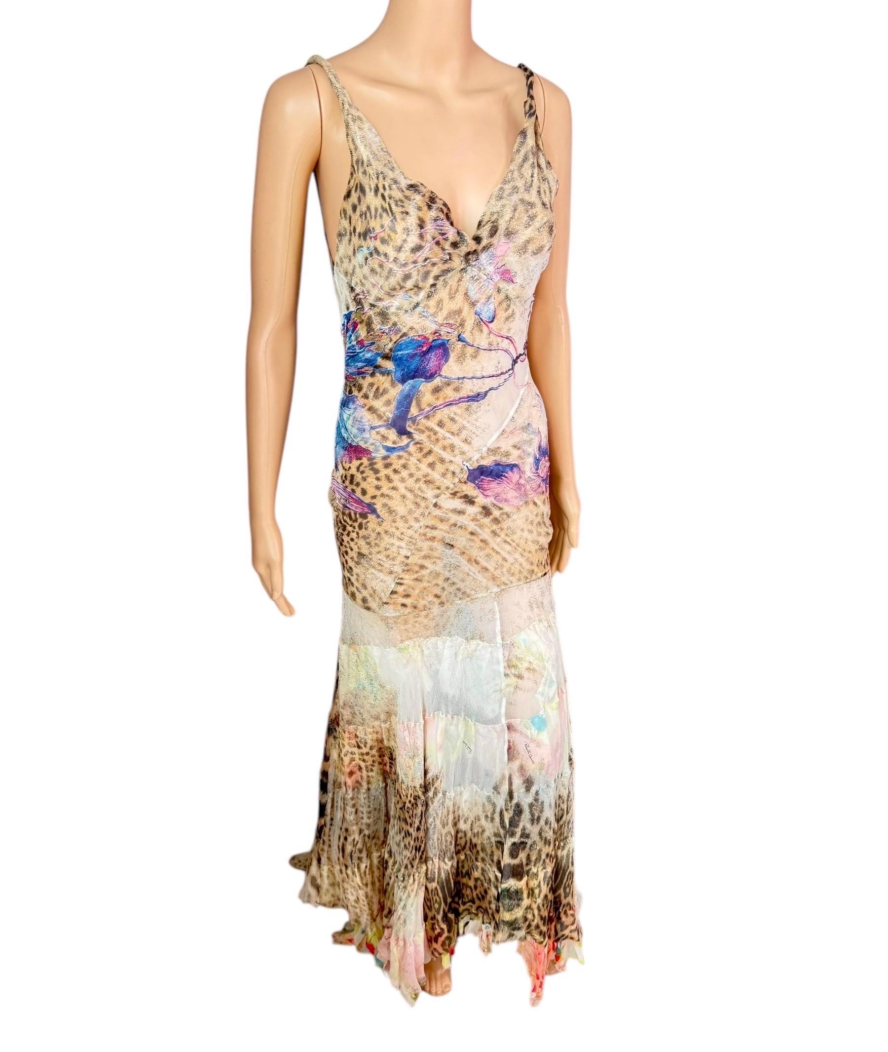 Women's Roberto Cavalli S/S 2002 Runway Sheer Silk Animal Floral Print Evening Dress For Sale