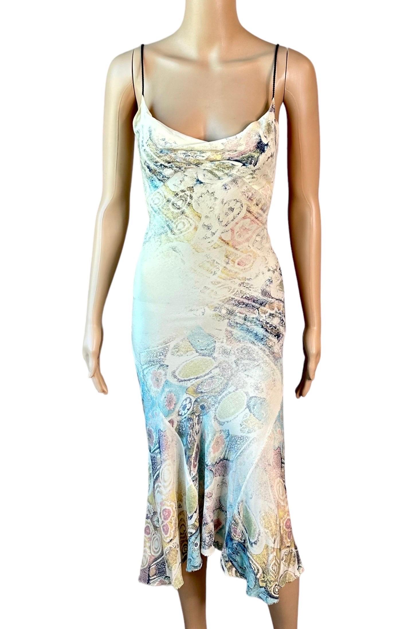 Roberto Cavalli S/S 2002 Silk Abstract Print Lace Up Evening Midi Dress Size S
