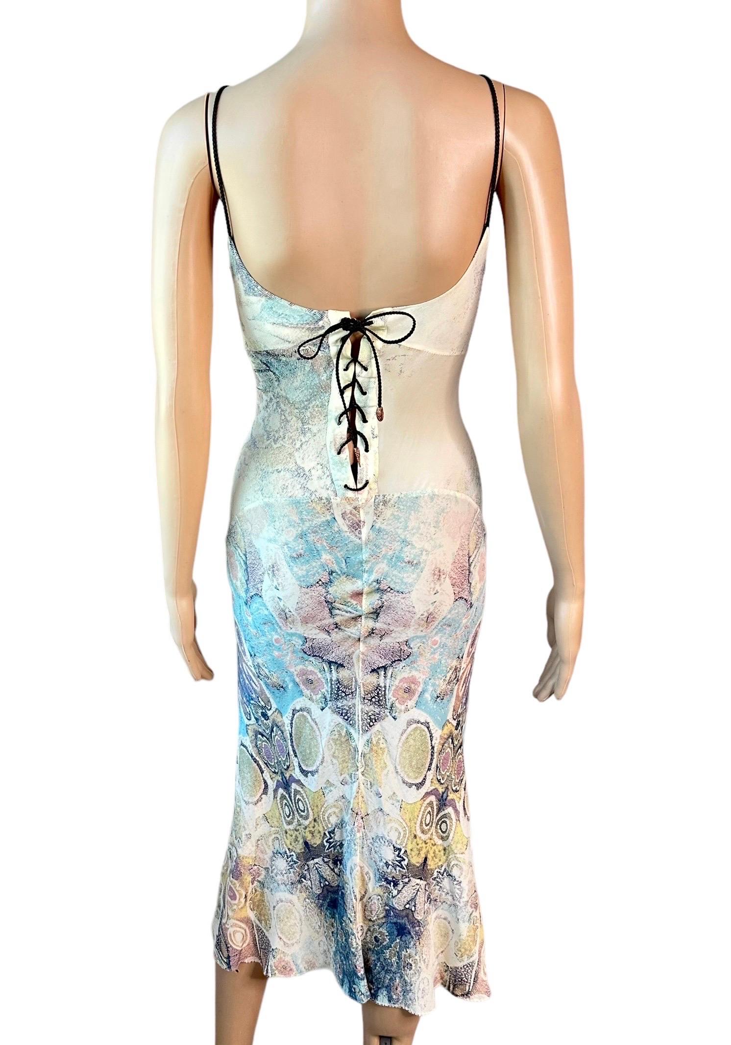 Gray Roberto Cavalli S/S 2002 Silk Abstract Print Lace Up Slip Evening Midi Dress  For Sale