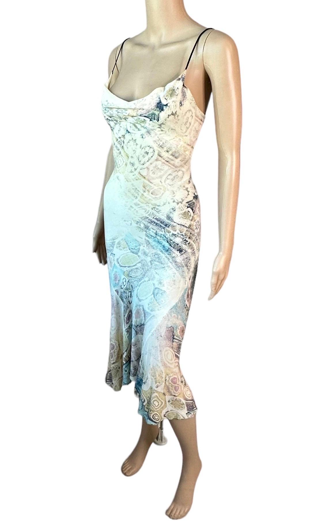 Roberto Cavalli S/S 2002 Silk Abstract Print Lace Up Slip Evening Midi Dress  In Good Condition For Sale In Naples, FL