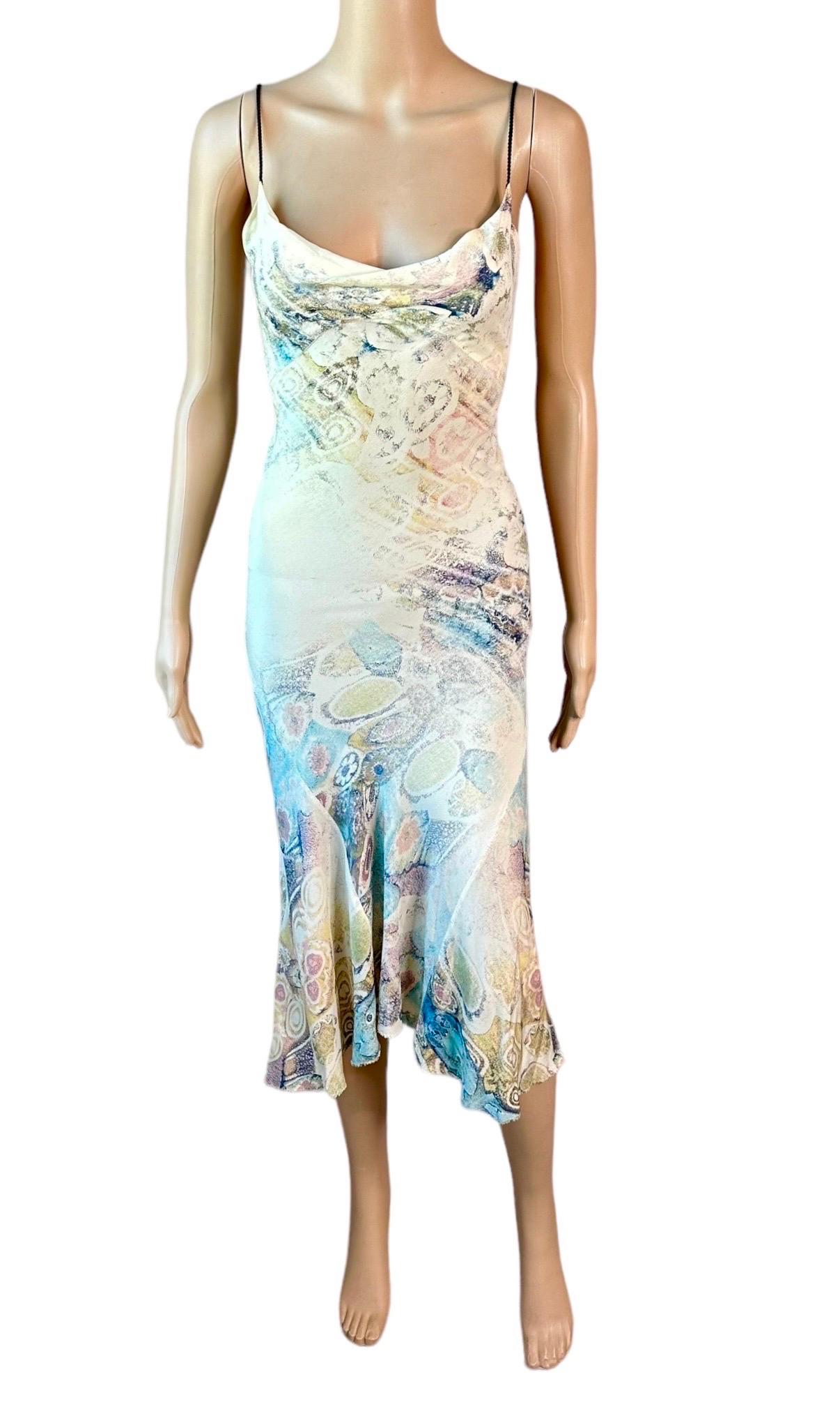 Women's Roberto Cavalli S/S 2002 Silk Abstract Print Lace Up Slip Evening Midi Dress