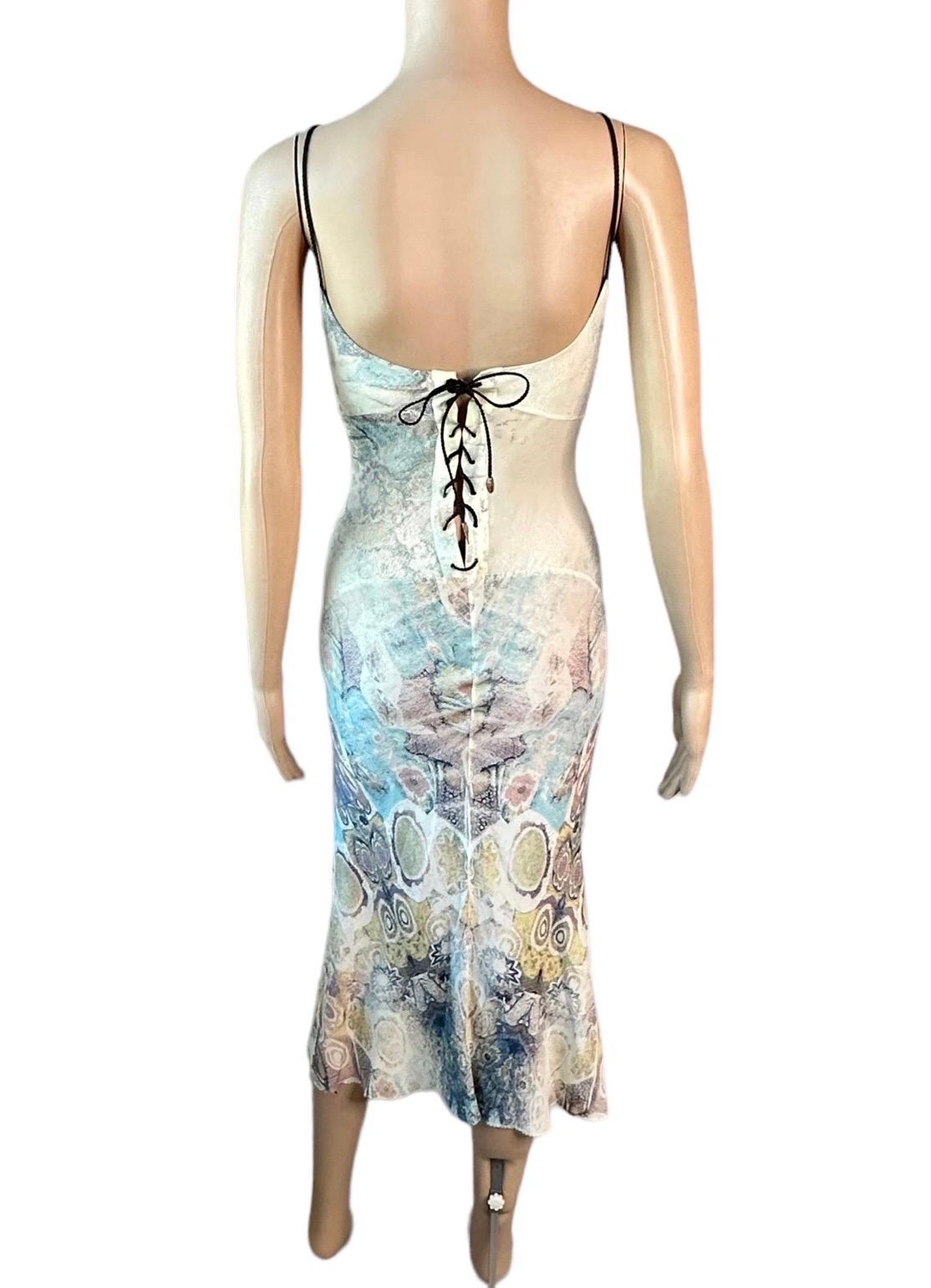 Roberto Cavalli S/S 2002 Silk Abstract Print Lace Up Slip Evening Midi Dress  For Sale 1