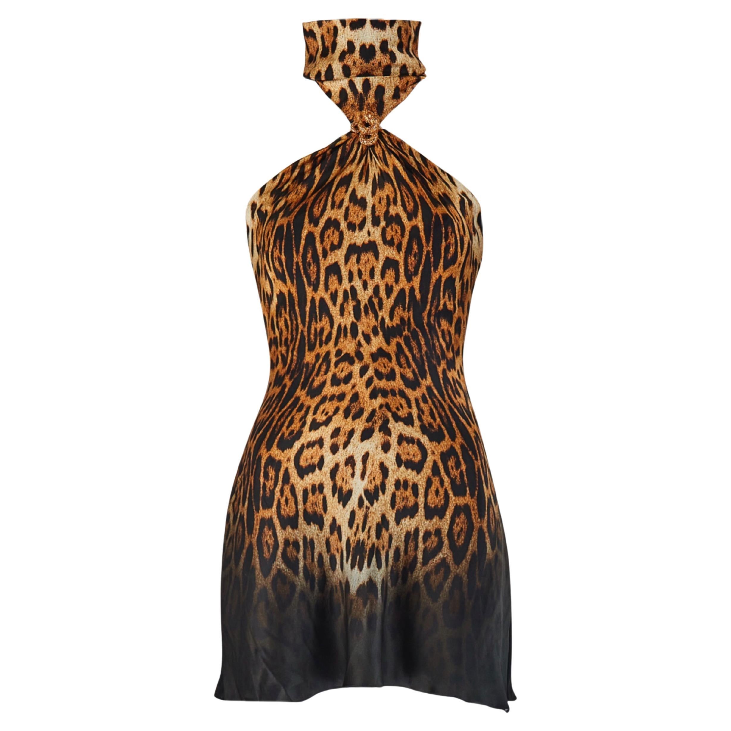 Roberto Cavalli S/S 2002 Silk Leopard Print Halter-neck Dress