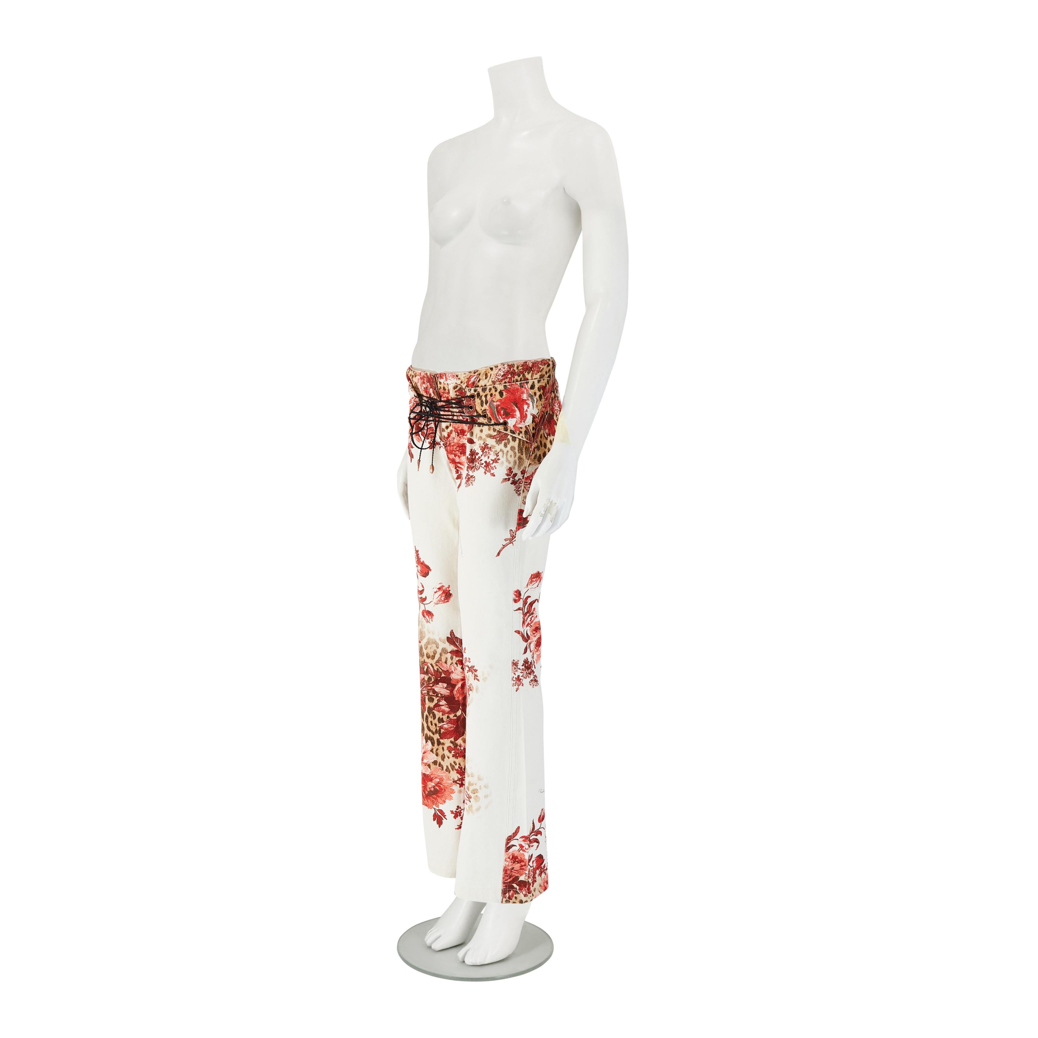 Roberto Cavalli S/S 2002 White Floral & Leopard Print Tie Up Jeans In Good Condition In Wembley, GB