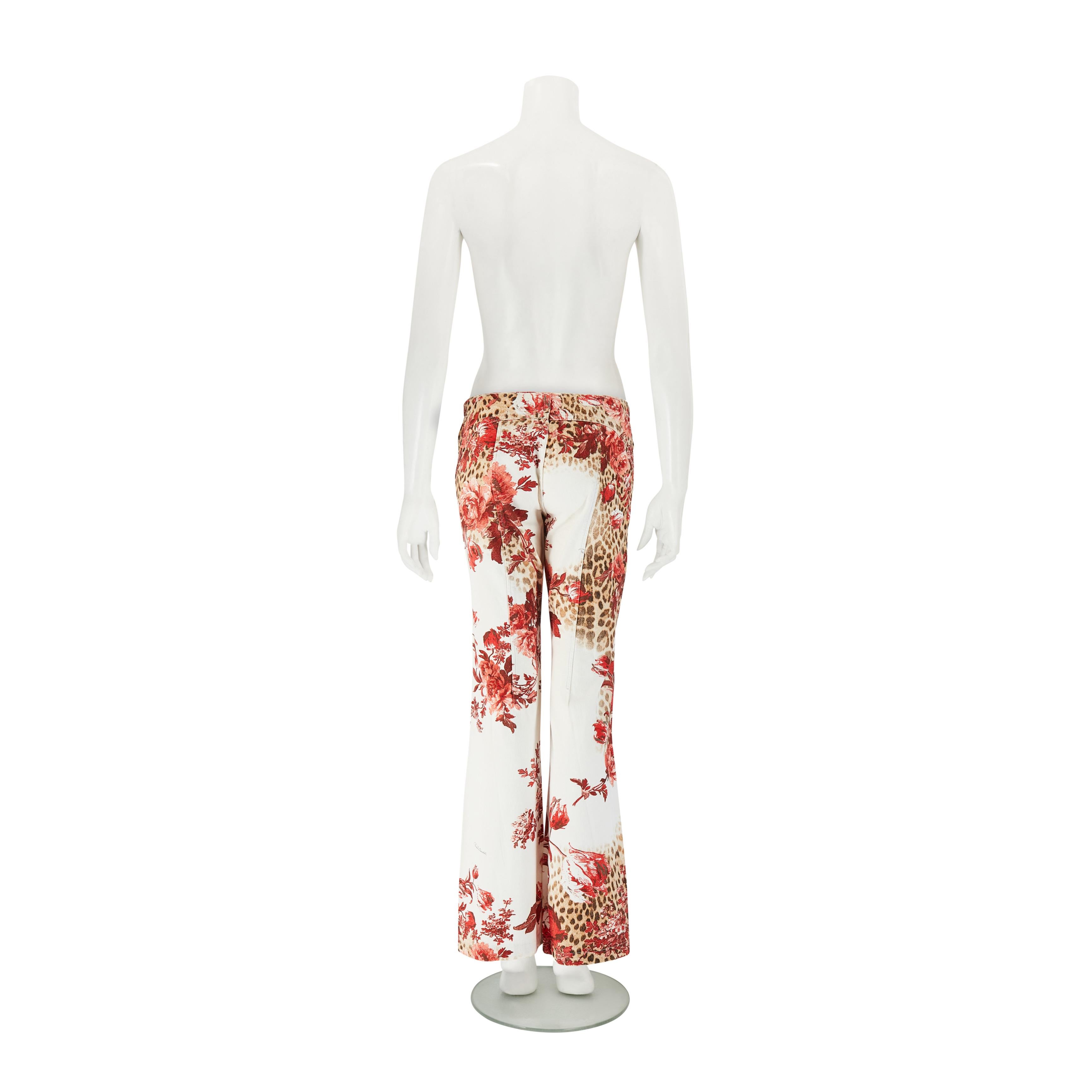 Women's Roberto Cavalli S/S 2002 White Floral & Leopard Print Tie Up Jeans