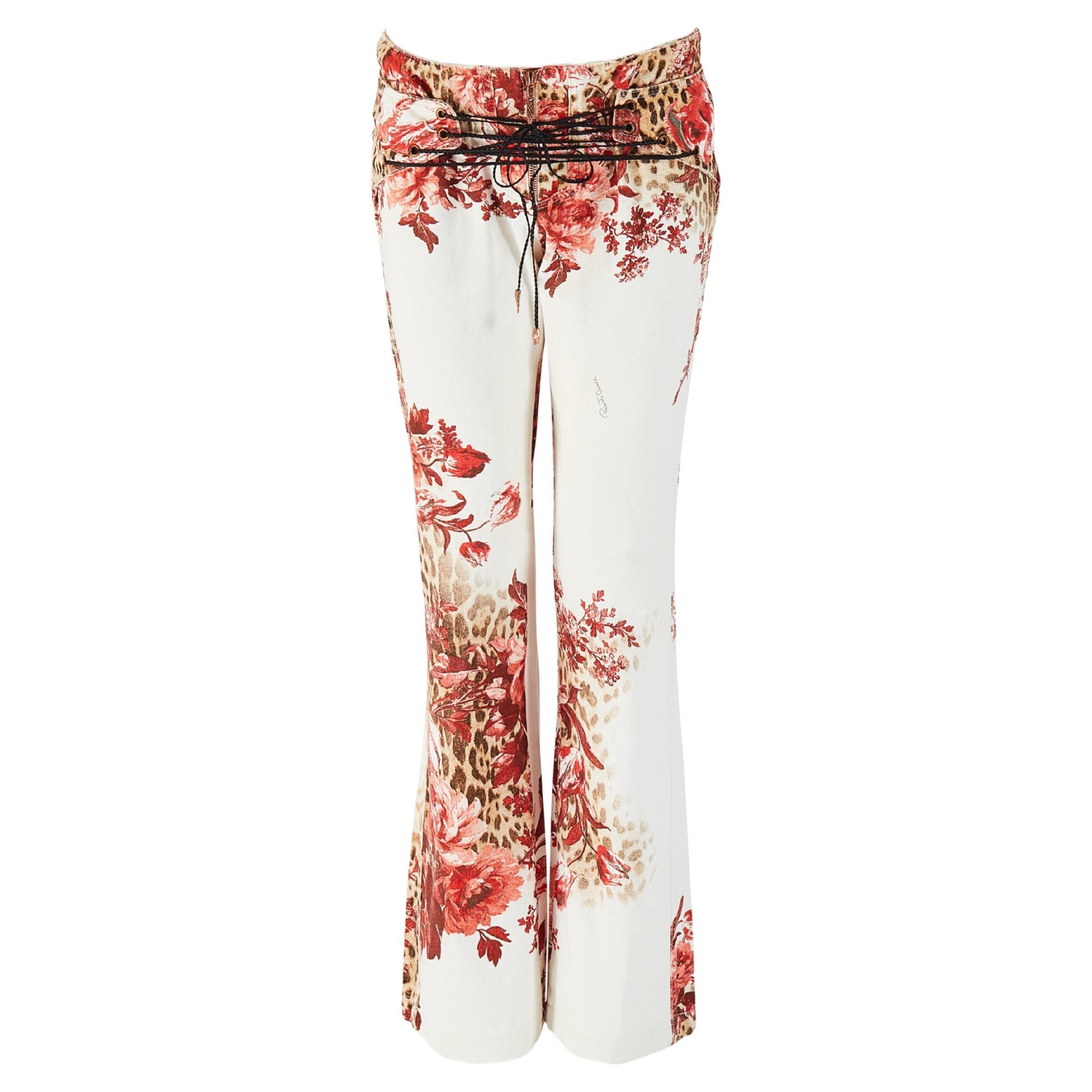 Roberto Cavalli S/S 2002 White Floral 
Leopard Print Tie Up Jeans
