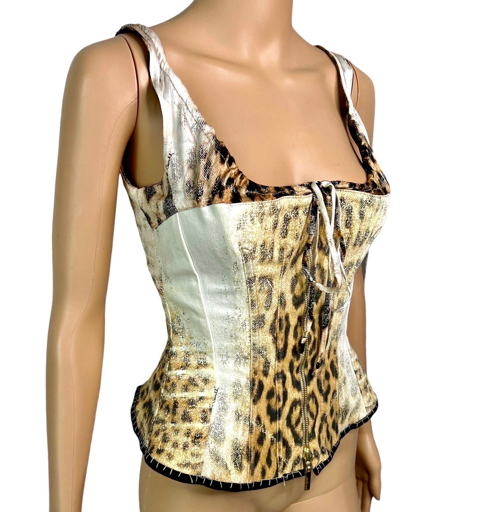 Roberto Cavalli S/S 2003 Bustier Corset Animal Print Metallic Denim Silk Top Size S