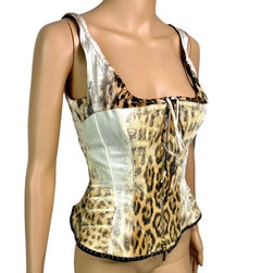 Roberto Cavalli S/S 2003 Bustier Corset Animal Print Metallic Denim Silk Top