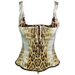 Roberto Cavalli S/S 2003 Bustier Corset Animal Print Metallic Denim Silk Top