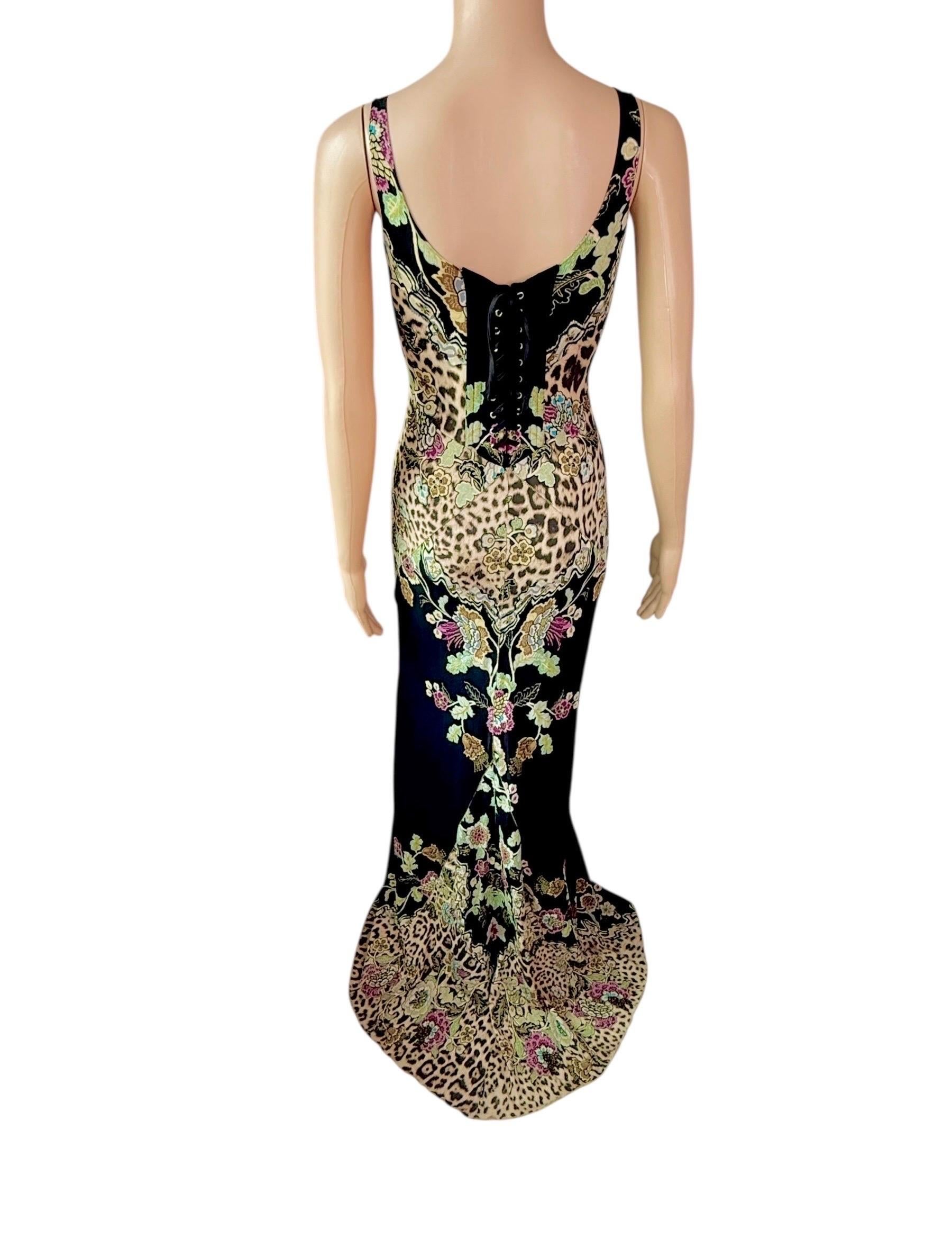 Roberto Cavalli S/S 2003 Corsé corpiño Vestido de noche con estampado Chinoiserie Gris en venta