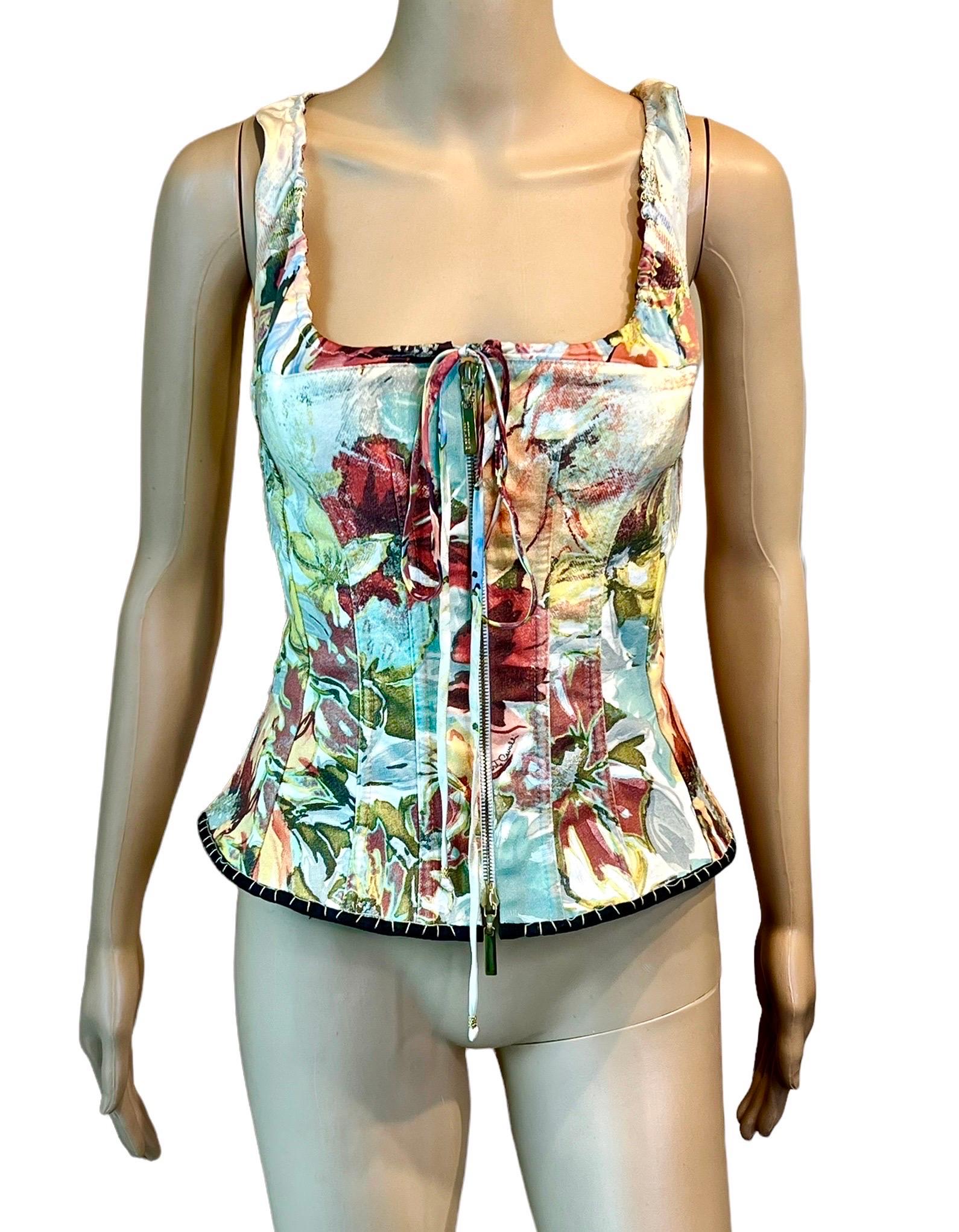 Roberto Cavalli S/S 2003 Bustier Corset Floral Abstract Print Denim Silk Top For Sale 3