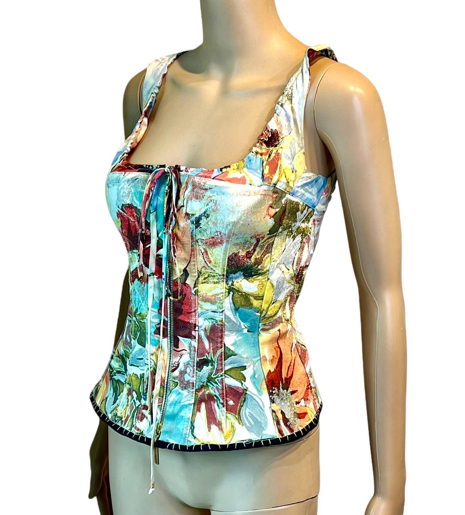 Roberto Cavalli S/S 2003 Bustier Corset Floral Abstract Print Denim Silk Top For Sale 4