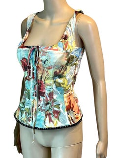Roberto Cavalli S/S 2003 Bustier Corset Floral Abstract Print Denim Silk Top