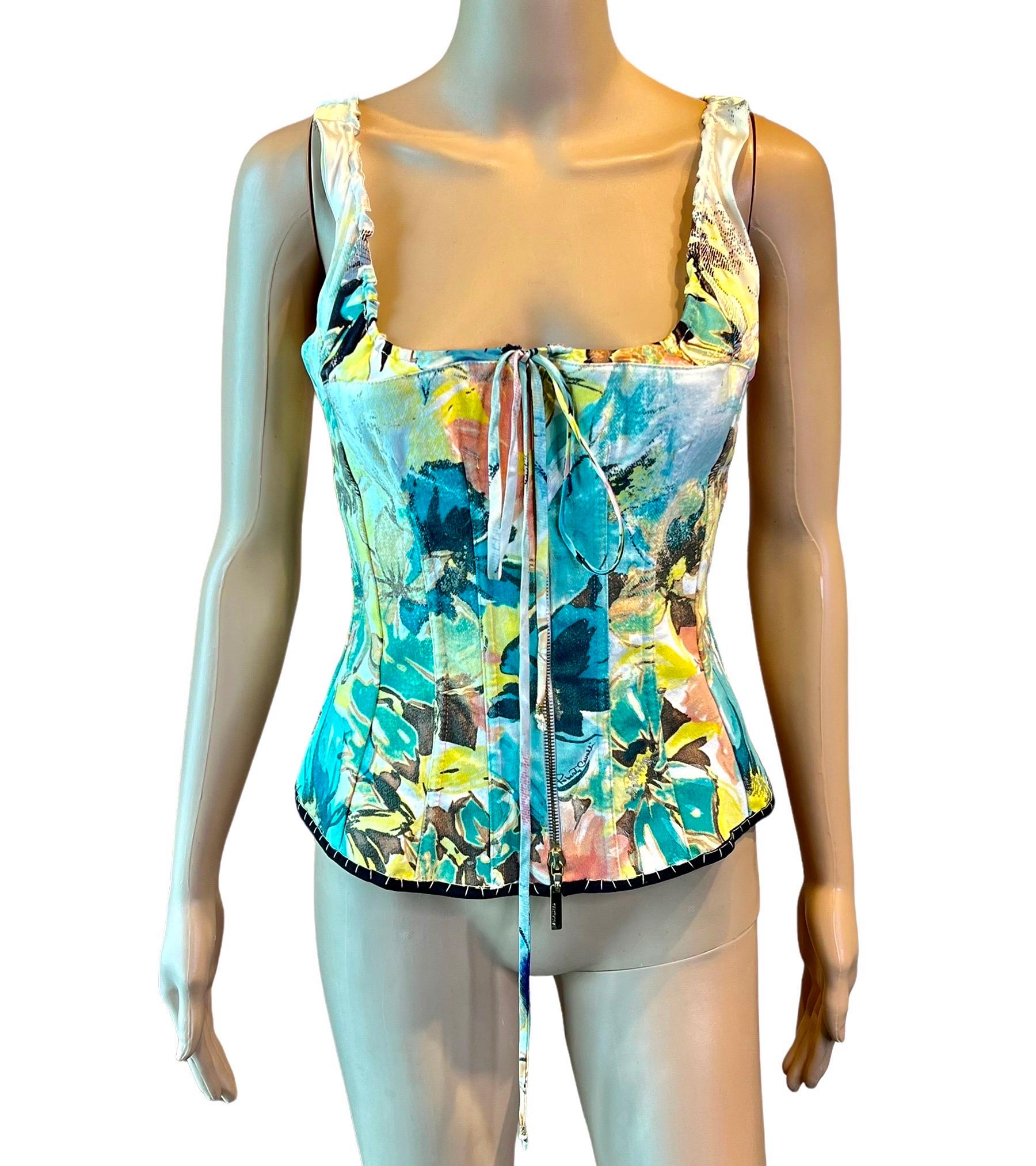 Green Roberto Cavalli S/S 2003 Bustier Corset Floral Abstract Print Denim Silk Top For Sale