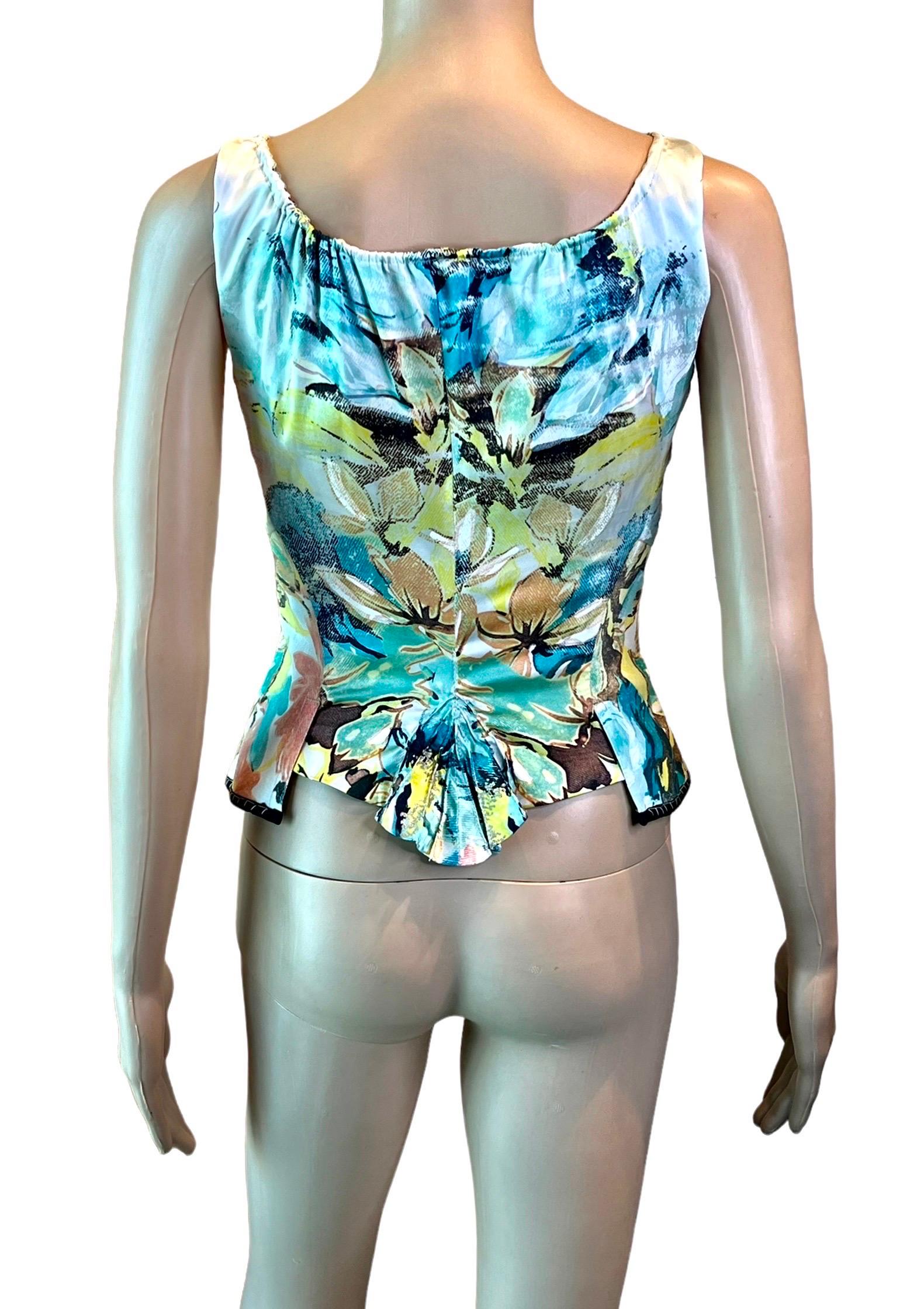 Roberto Cavalli S/S 2003 Bustier Corset Floral Abstract Print Denim Silk Top In Excellent Condition For Sale In Naples, FL