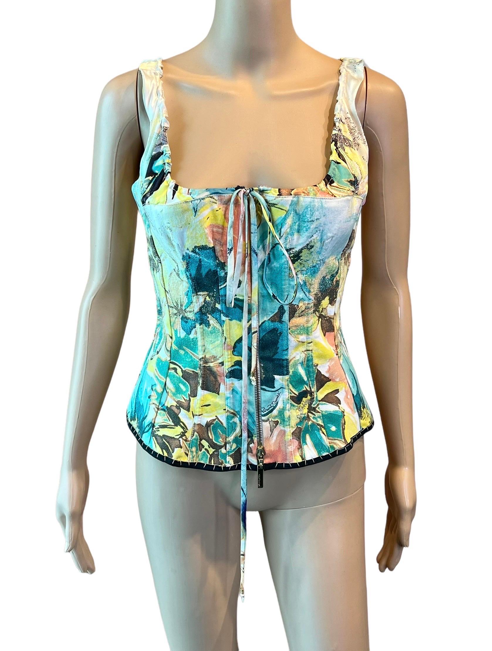 Women's Roberto Cavalli S/S 2003 Bustier Corset Floral Abstract Print Denim Silk Top For Sale