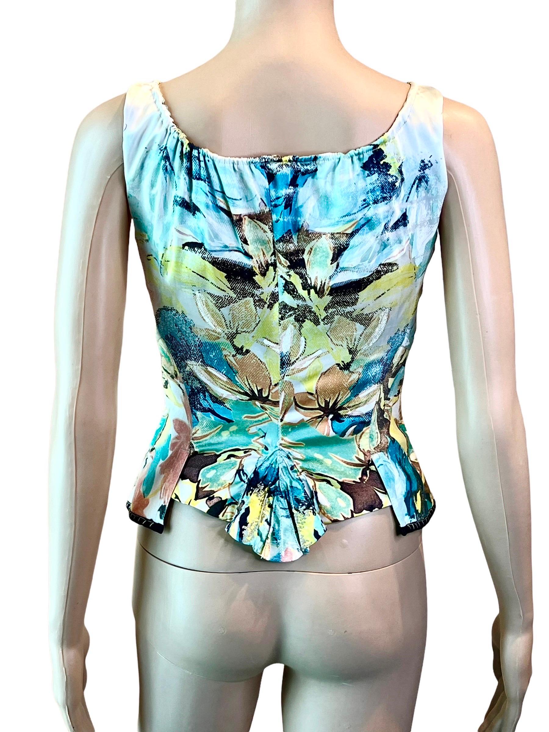 Roberto Cavalli S/S 2003 Bustier Corset Floral Abstract Print Denim Silk Top For Sale 1