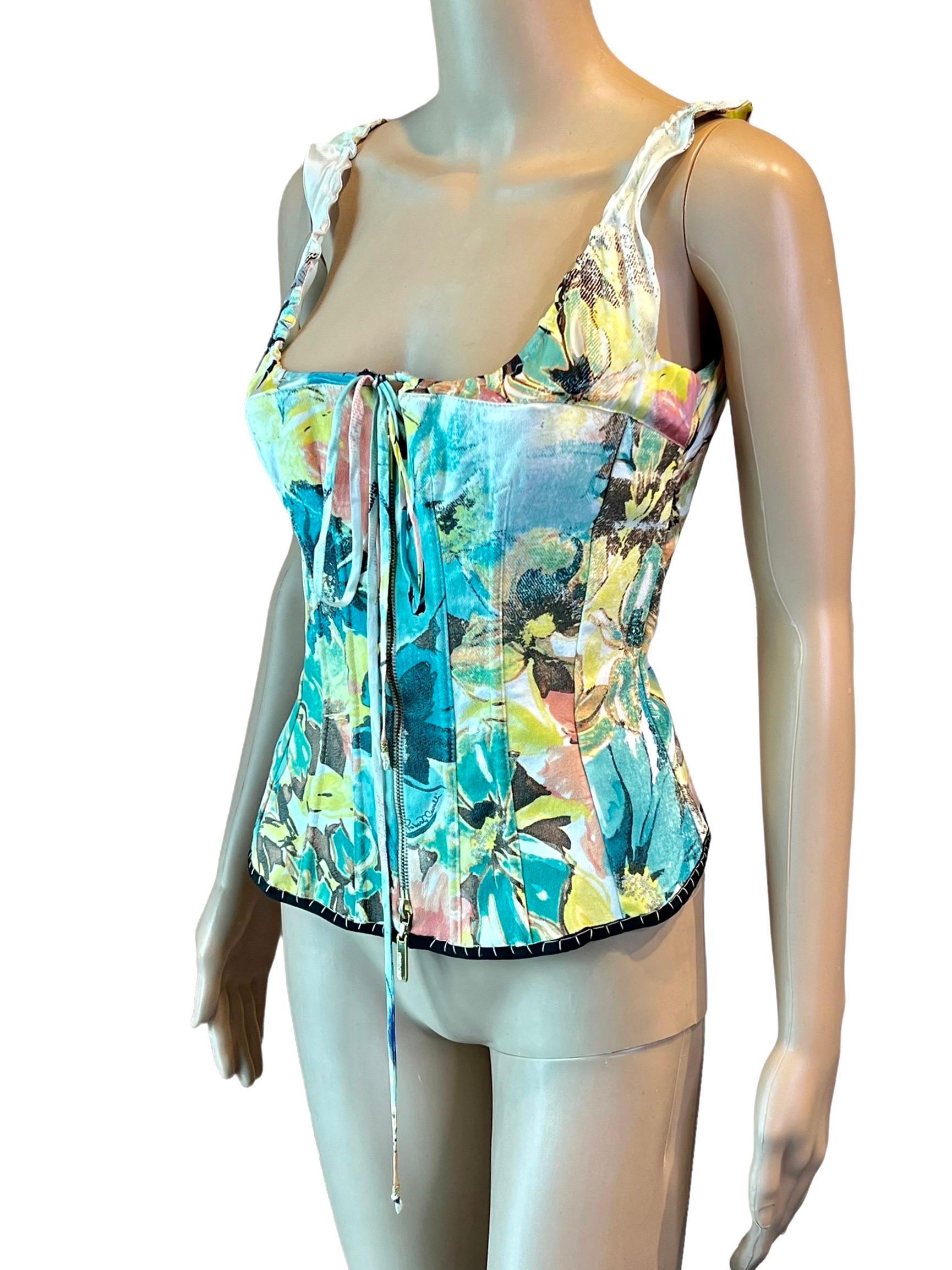 Roberto Cavalli S/S 2003 Bustier Corset Floral Abstract Print Denim Silk Top For Sale 2