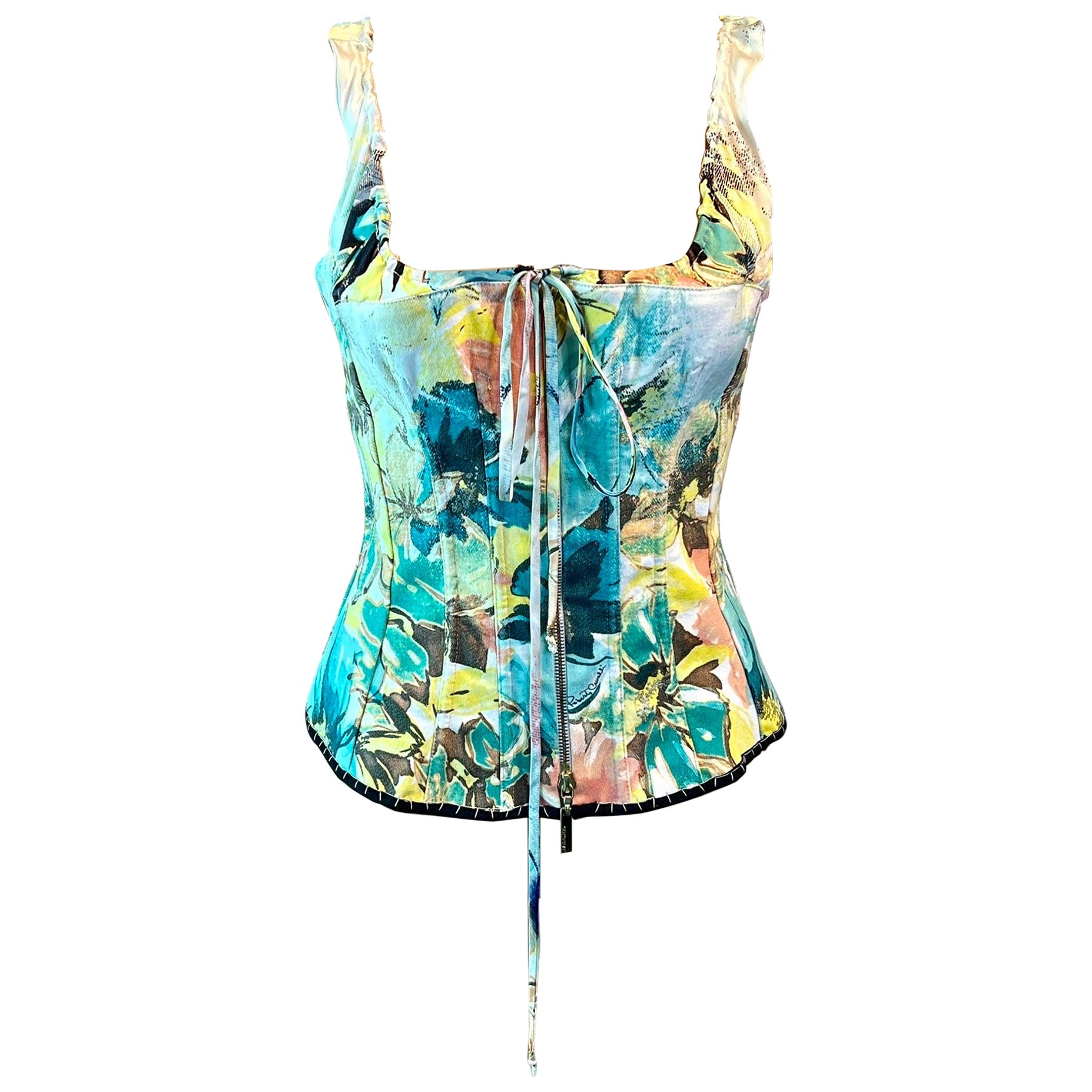 Roberto Cavalli P/E 2003 Bustier Corsetto con stampa floreale astratta Denim Seta Top