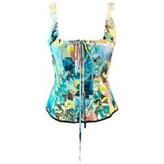 Roberto Cavalli P/E 2003 Bustier Corsetto con stampa floreale astratta Denim Seta Top