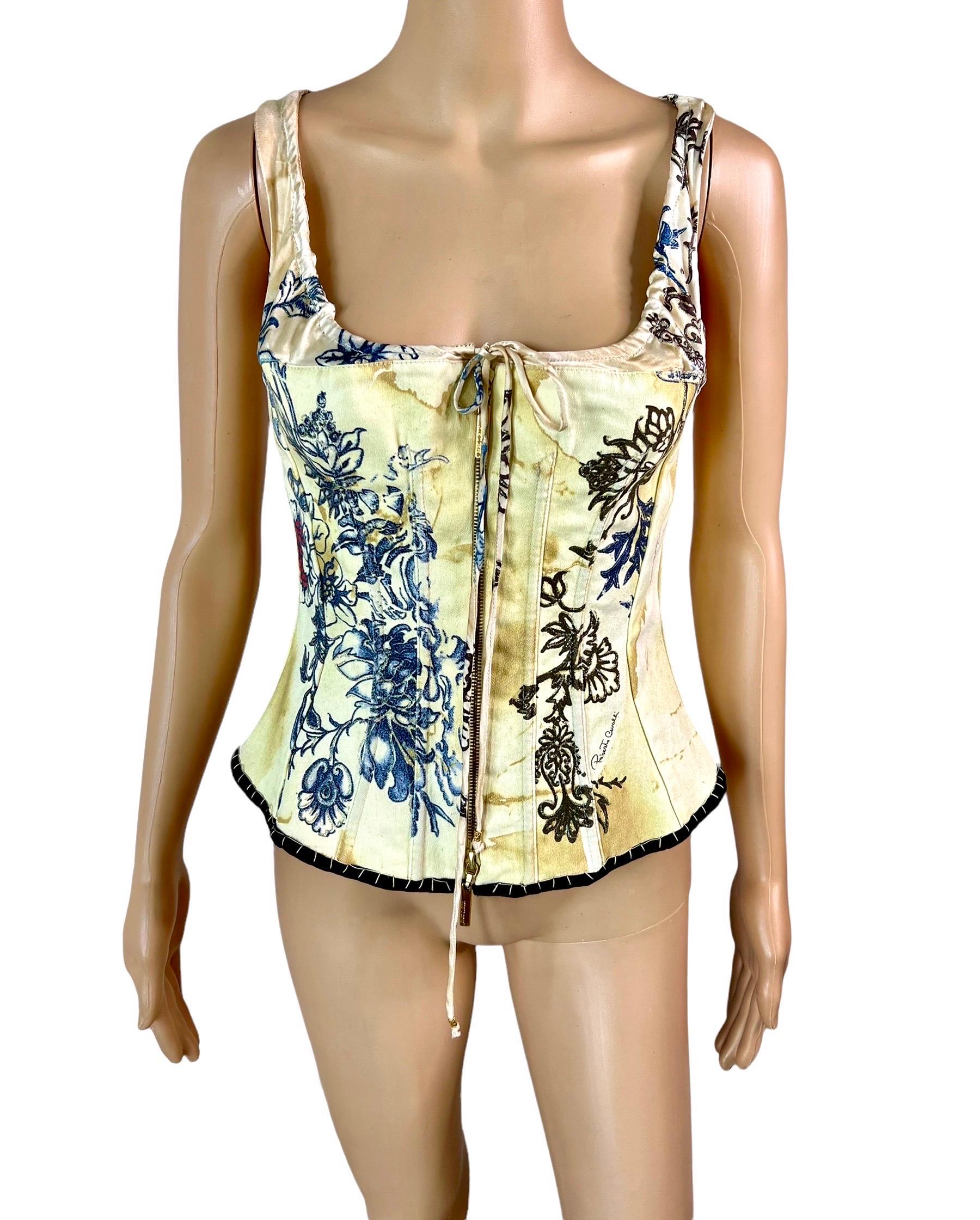 Roberto Cavalli S/S 2003 Bustier Corset Tattoo Print Denim Top Size M