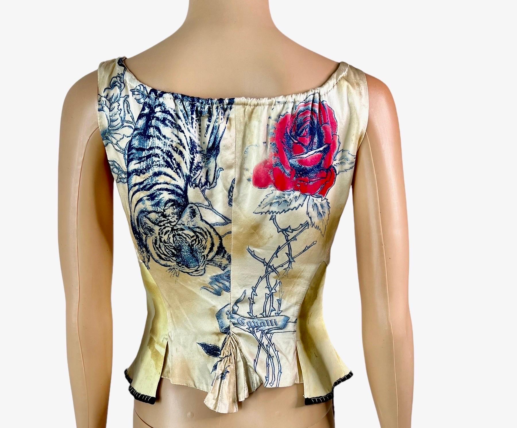Beige Roberto Cavalli S/S 2003 Bustier Corset Tattoo Print Denim Top