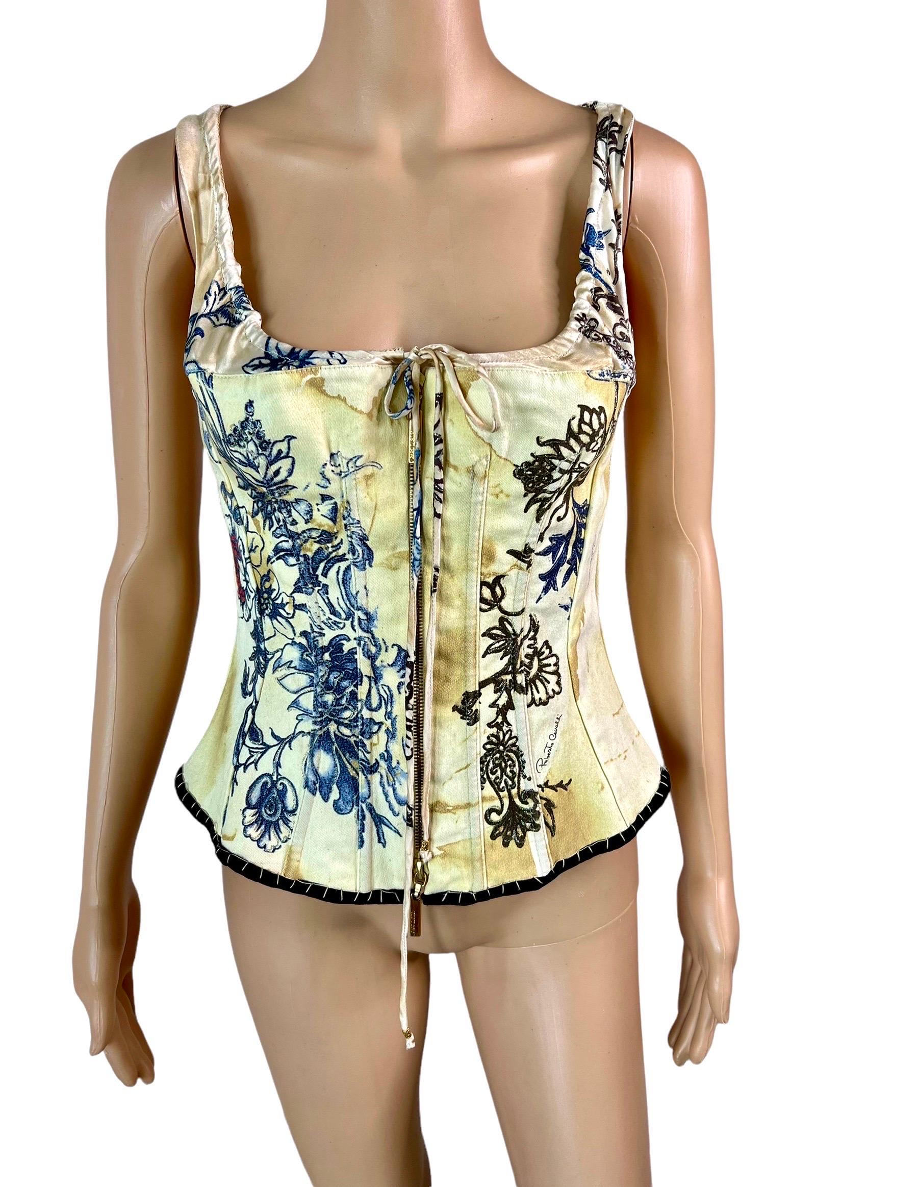 Women's Roberto Cavalli S/S 2003 Bustier Corset Tattoo Print Denim Top