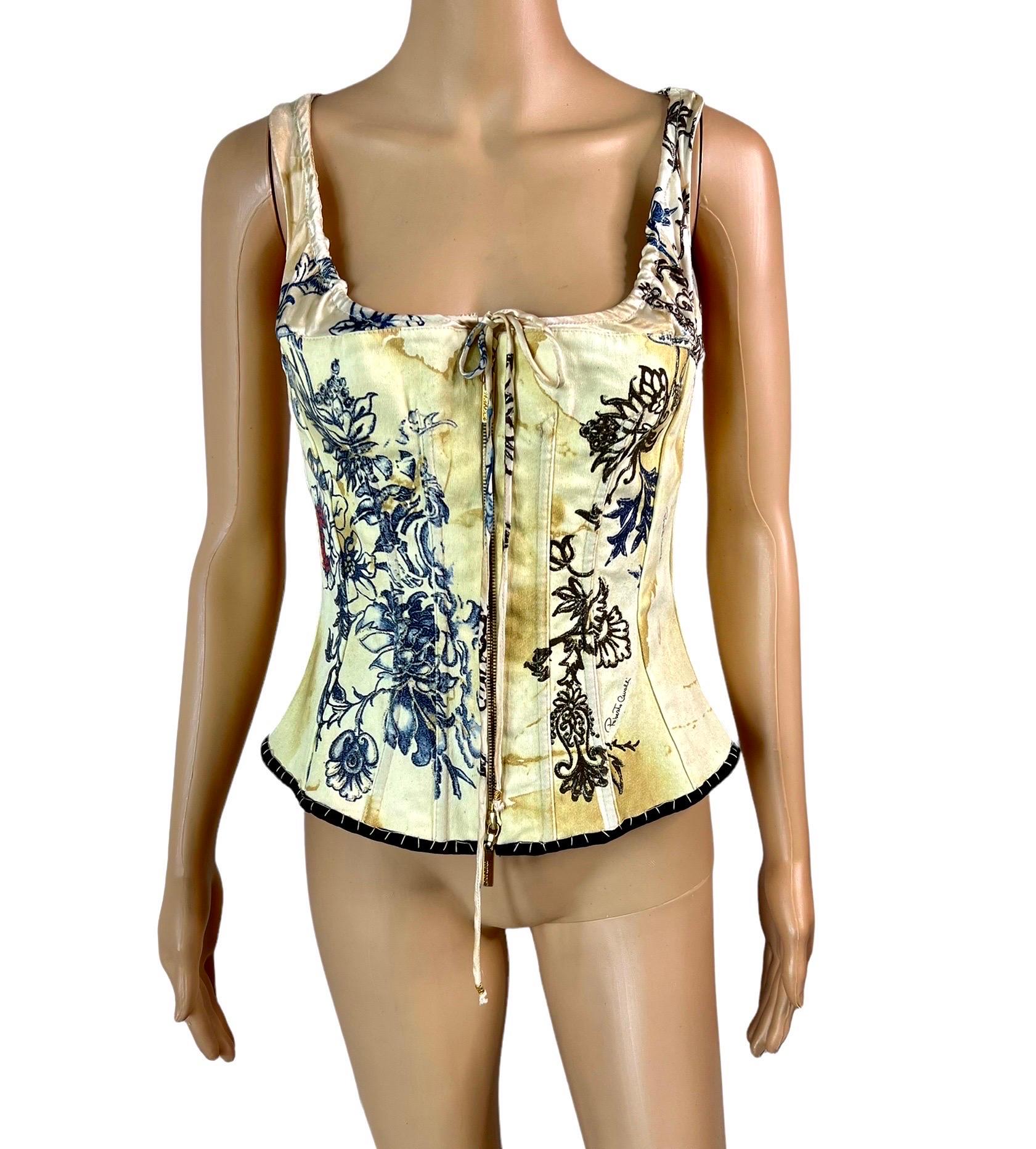Roberto Cavalli S/S 2003 Bustier Corset Tattoo Print Denim Top 2