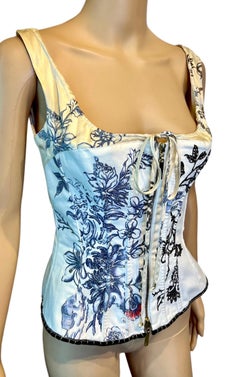 Roberto Cavalli S/S 2003 Top vaquero de seda con estampado de tatuaje de corsé bustier
