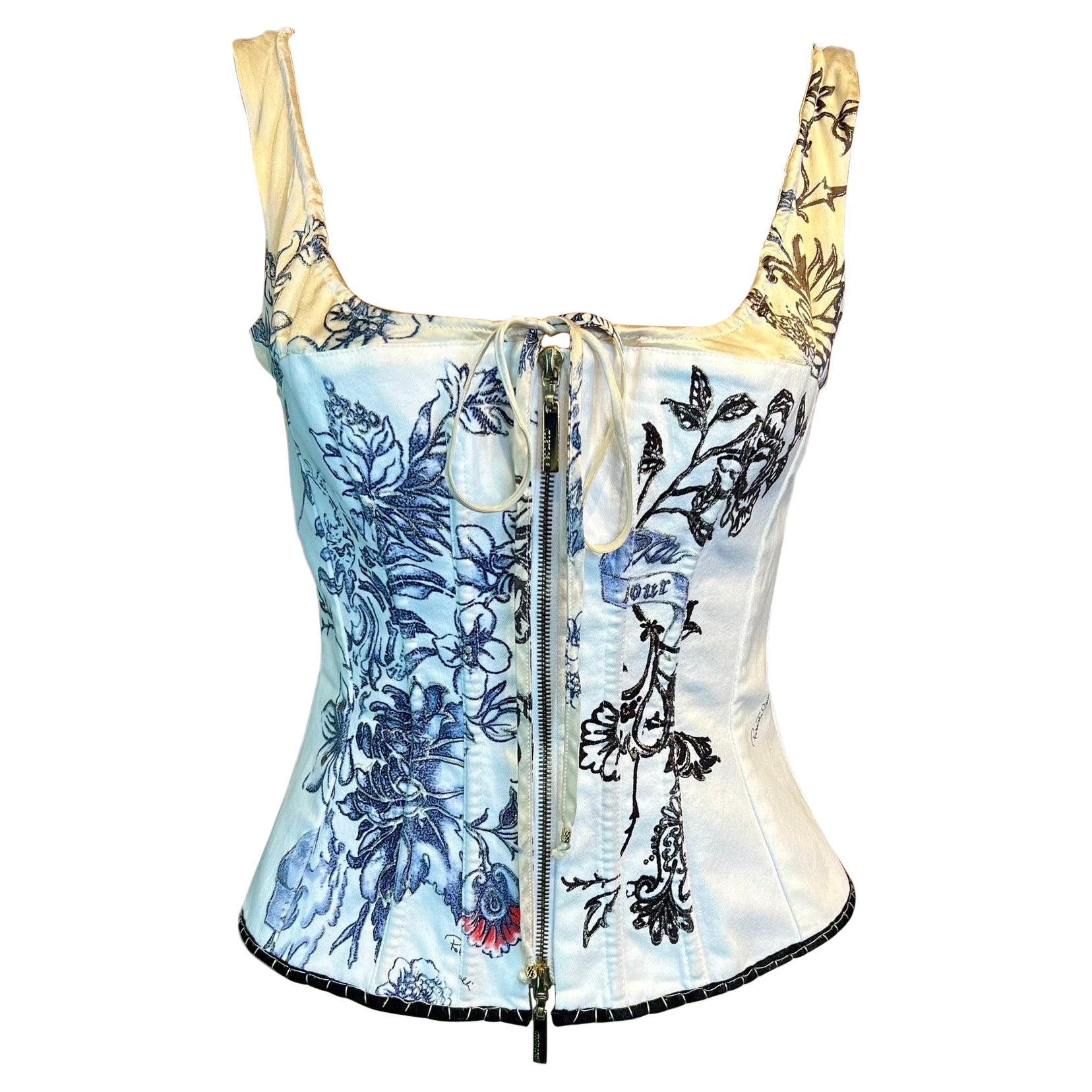 Roberto Cavalli S/S 2003 Bustier Corset Tattoo Print Silk Denim Top