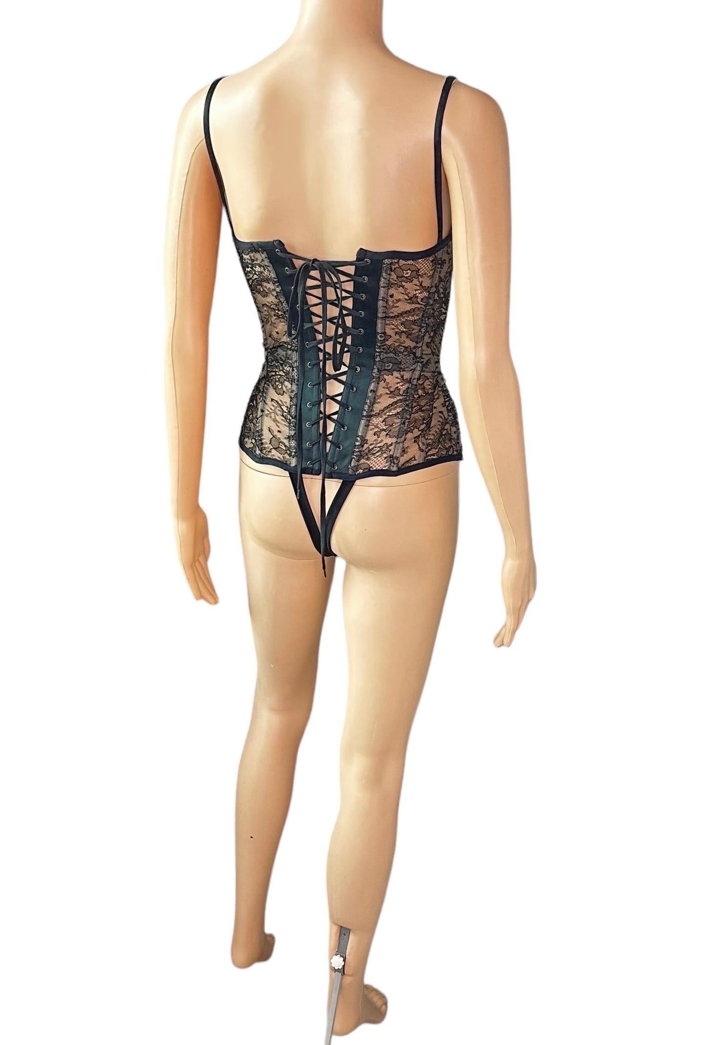 Roberto Cavalli S/S 2003 Bustier Lace-Up Corset Sheer Lace Black Bodysuit Top 7