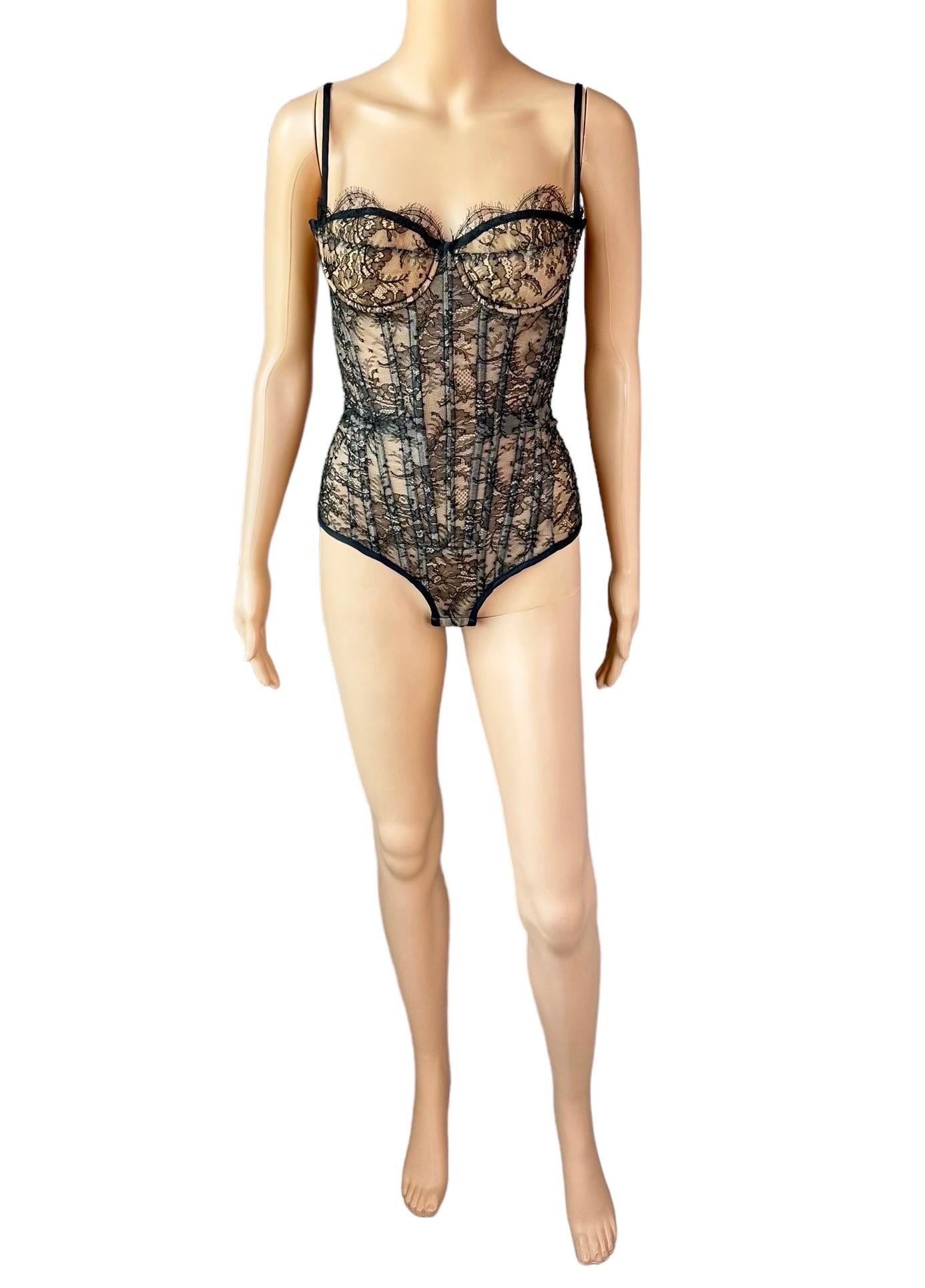 Roberto Cavalli S/S 2003 Bustier Lace-Up Corset Sheer Lace Black Bodysuit Top 9