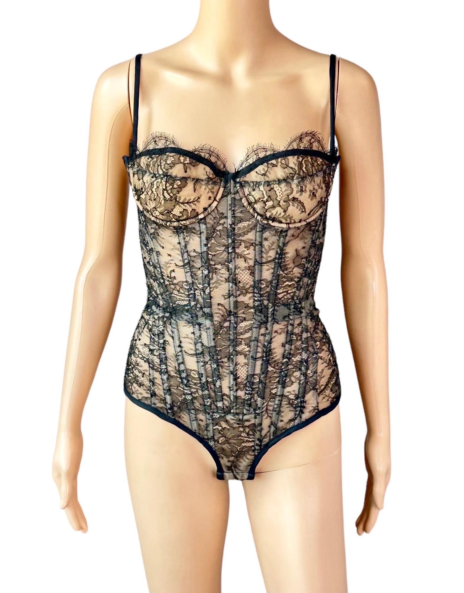 Roberto Cavalli S/S 2003 Bustier Lace-Up Corset Sheer Lace Black Bodysuit Top In Excellent Condition For Sale In Naples, FL