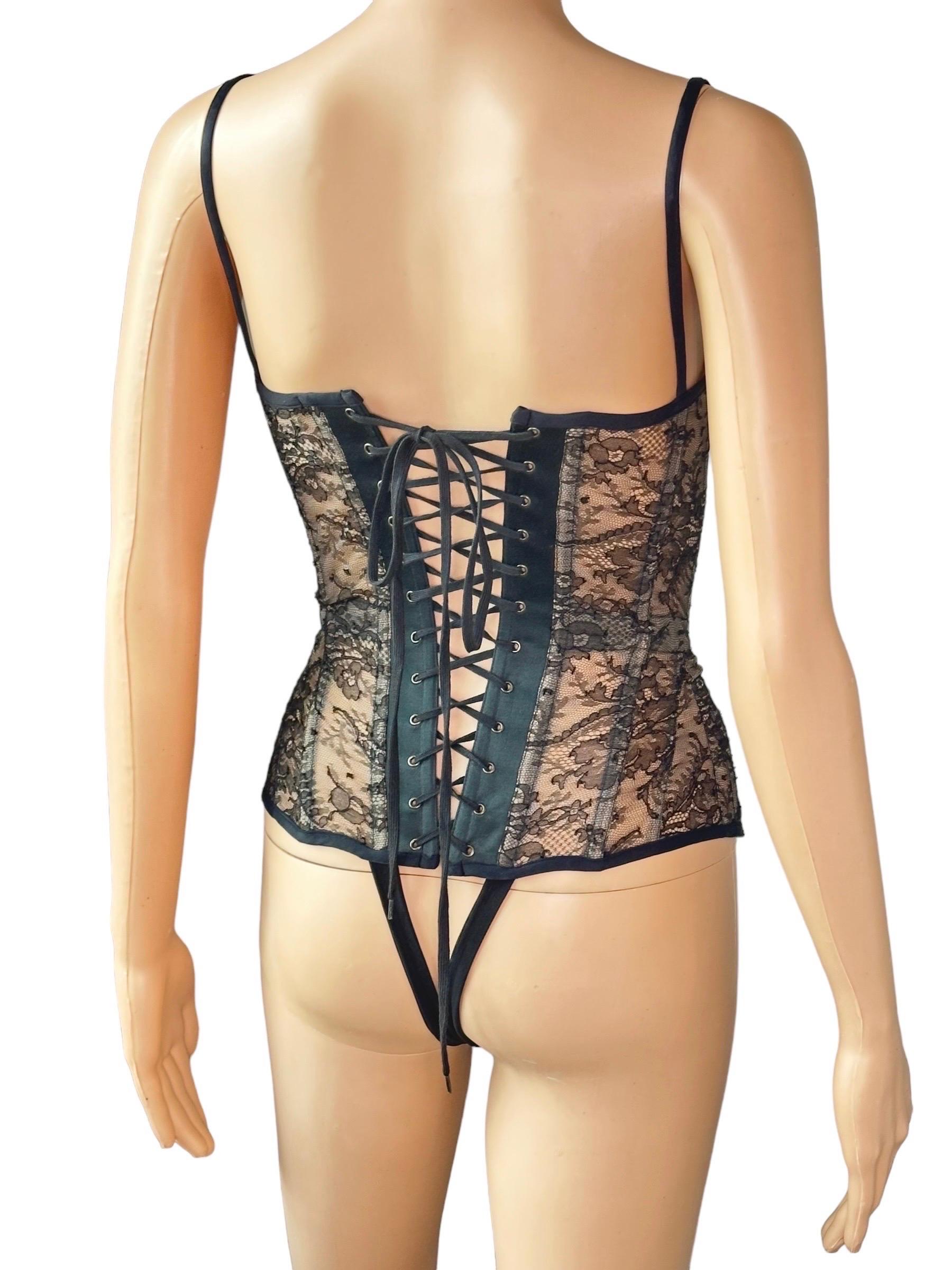 Roberto Cavalli S/S 2003 Bustier Lace-Up Corset Sheer Lace Black Bodysuit Top For Sale 1