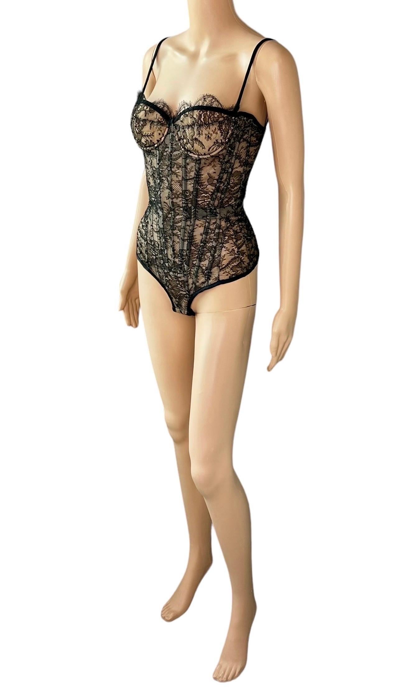 Roberto Cavalli S/S 2003 Bustier Lace-Up Corset Sheer Lace Black Bodysuit Top 5