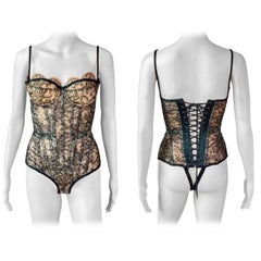 Roberto Cavalli S/S 2003 Bustier Lace-Up Corset Sheer Lace Black Bodysuit Top