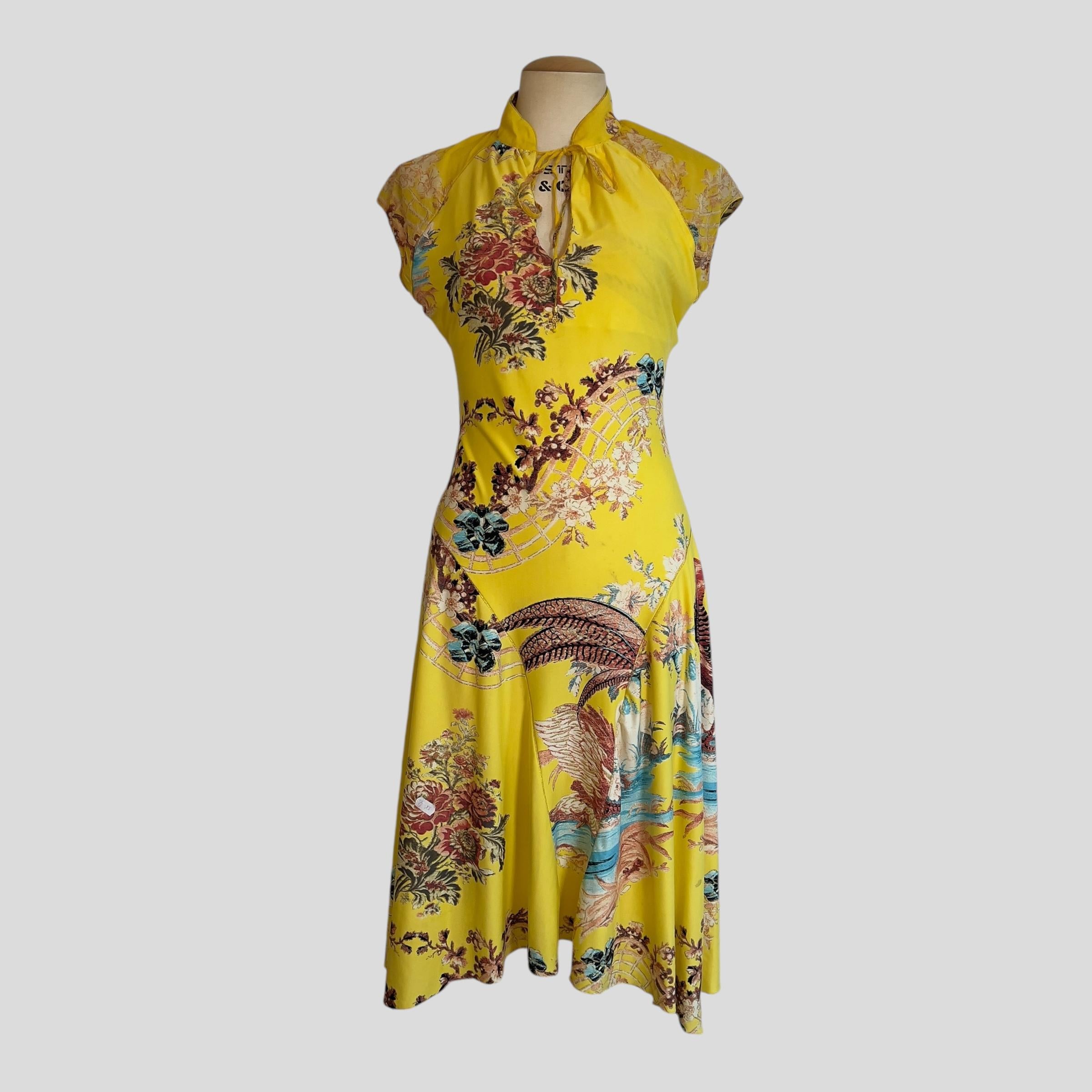 Roberto Cavalli S/S 2003 Maxi Vestido Floral Amarillo Inspirado en el Cheongsam en Bastante bueno Estado en CAPELLE AAN DEN IJSSEL, ZH