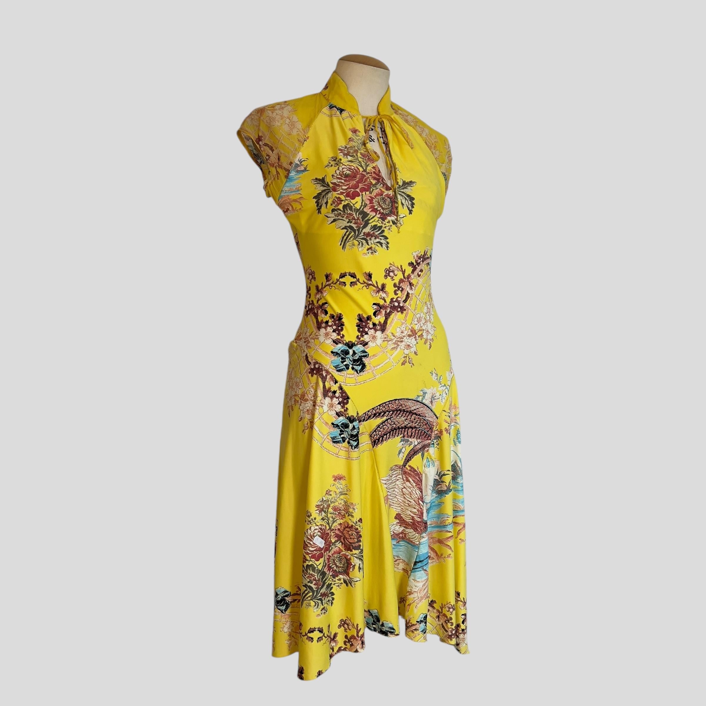 De las mujeres Roberto Cavalli S/S 2003 Maxi Vestido Floral Amarillo Inspirado en el Cheongsam