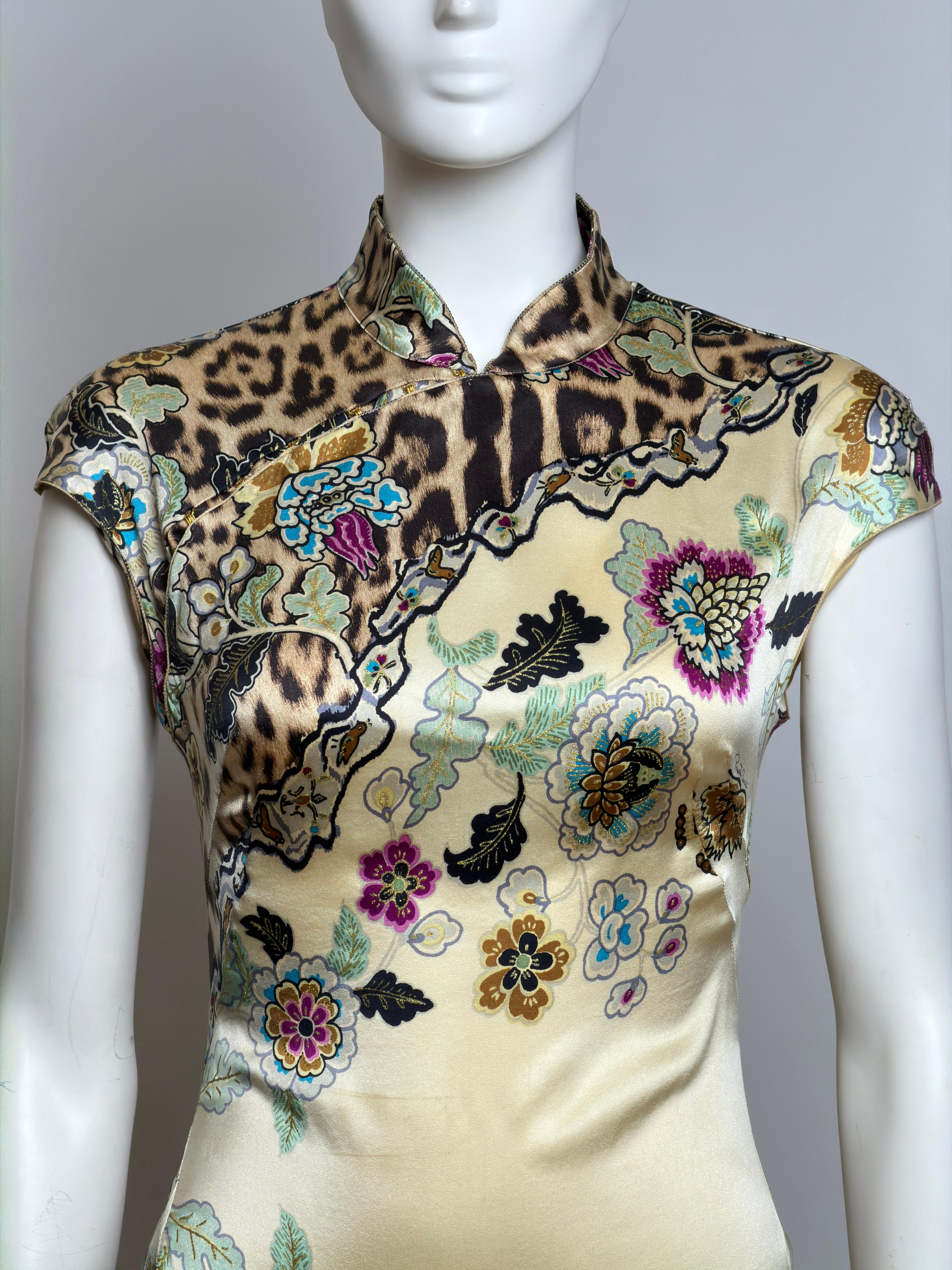 Roberto Cavalli S/S 2003 Cheongsam Chinoiserie Jaune Mini robe en soie Pour femmes en vente