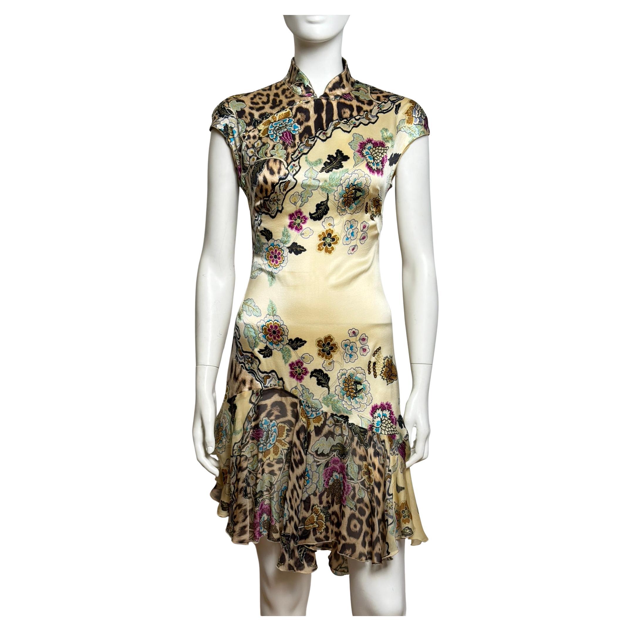 Roberto Cavalli S/S 2003 Cheongsam Chinoiserie Jaune Mini robe en soie en vente