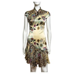 Roberto Cavalli S/S 2003 Cheongsam Chinoiserie Jaune Mini robe en soie
