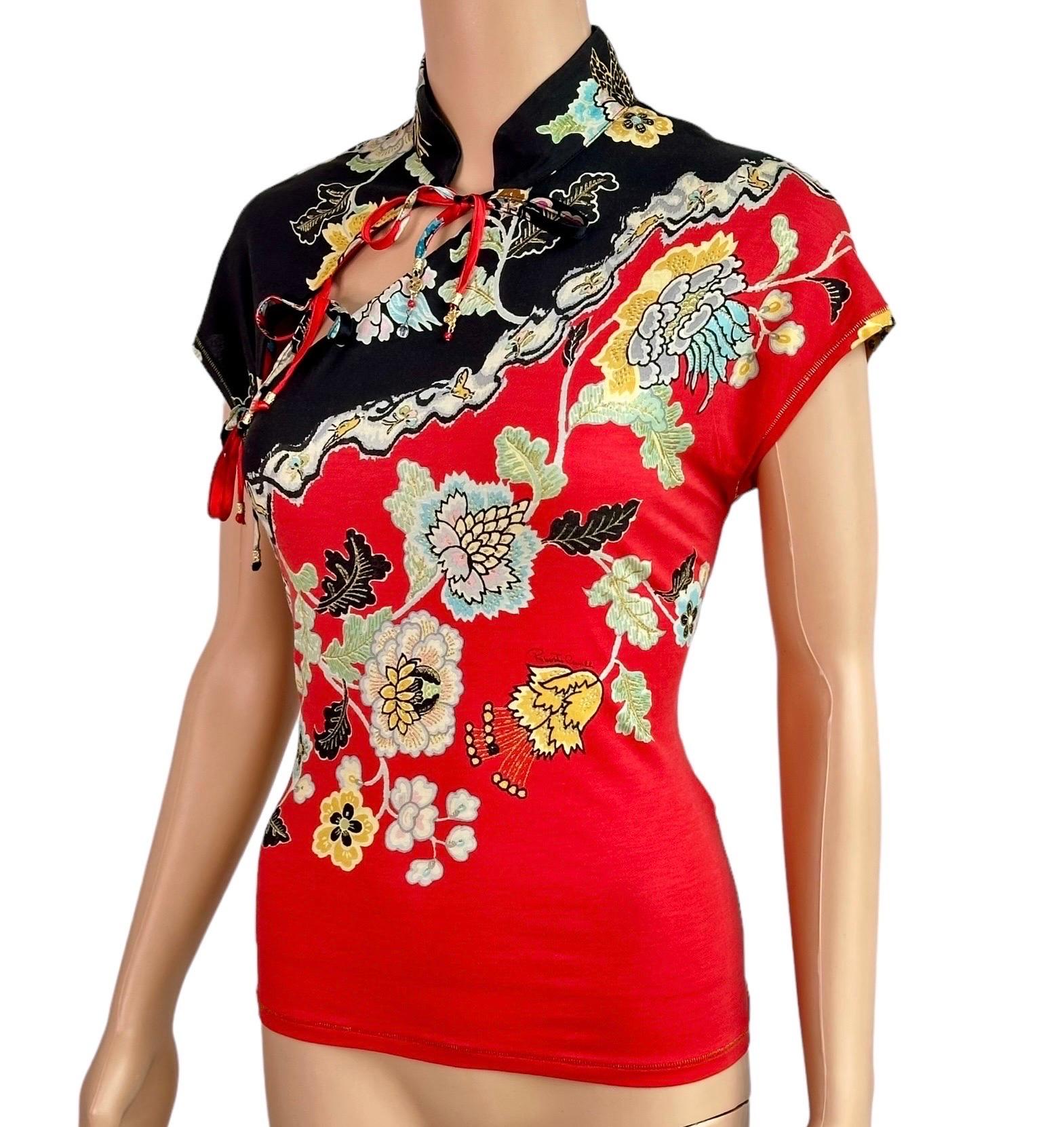 Roberto Cavalli S/S 2003 Chinoiserie Cheongsam Collar Tie Cap Sleeve Blouse Top 5